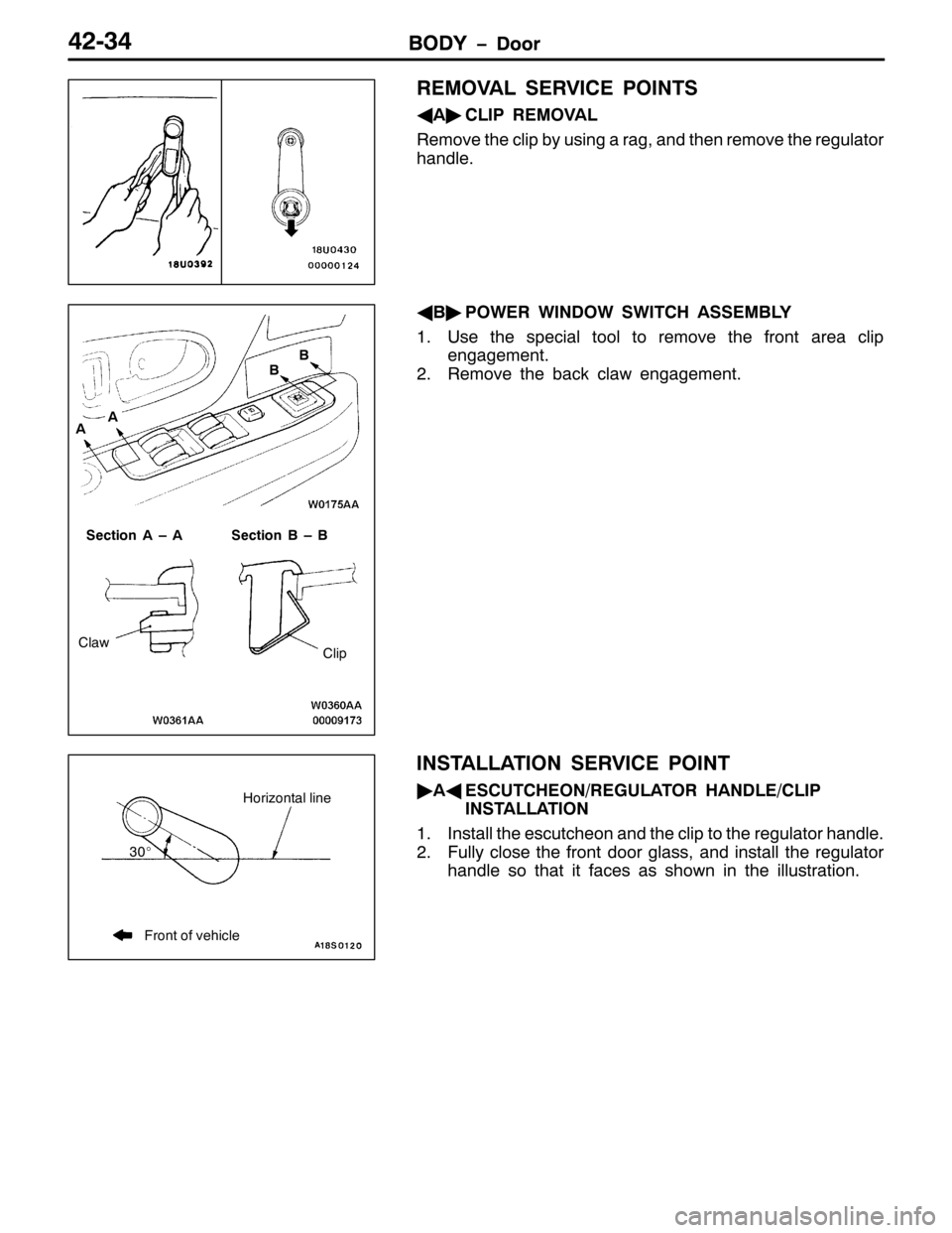 MITSUBISHI PAJERO SPORT 1998  Workshop Manual %2< ïRRU%2< ïRRU75067
5(029$/ 6(59,&( 32,176
*
$ò
&/,3 5(029$/
5HPRYH WKH FOLS E\ XVLQJ D UDJ/DQG WKHQ UHPRYH WKH UHJXODWRU
KDQGOH1
*
%ò
32:(5 :,12: 6:,7&+ $66(0%/<
418VH WKH VSHFLDO WRRO WR 