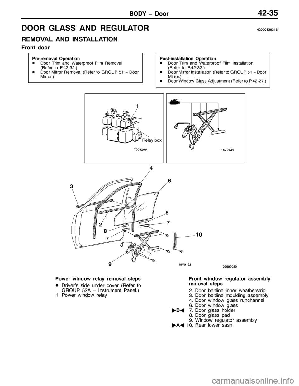 MITSUBISHI PAJERO SPORT 1998  Workshop Manual %2< ï RRU75068
225 */$66 $1 5(*8/$72575<33463649
5(029$/ $1 ,167$//$7,21
)URQW GRRU
3UH0UHPRYDO 2SHUDWLRQ
-RRU 7ULP DQG :DWHUSURRI )LOP 5HPRYDO
+5HIHU WR 31750651,
-RRU 0LUURU 5HPRYDO+5HIHU WR