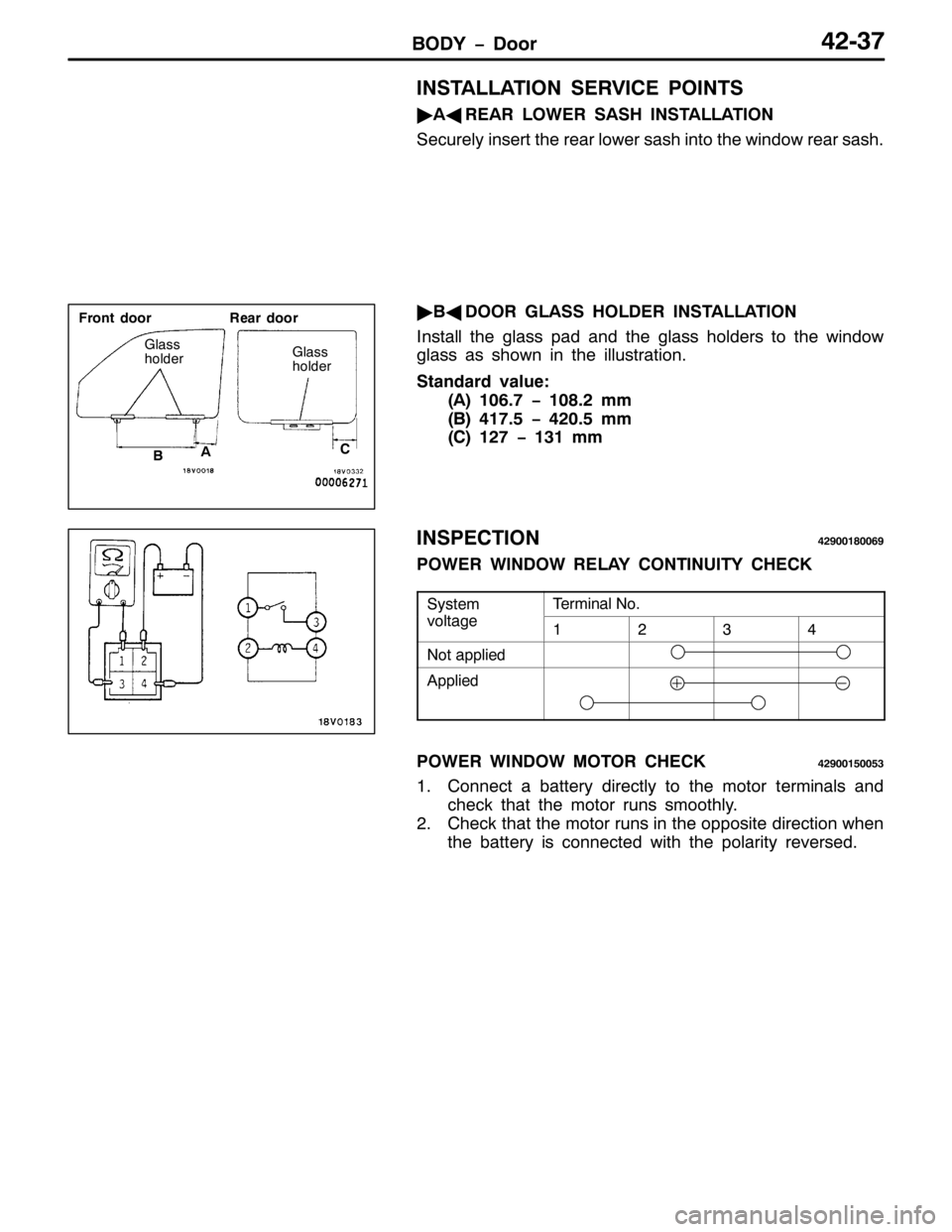 MITSUBISHI PAJERO SPORT 1998  Workshop Manual %2< ï RRU7506:
,167$//$7,21 6(59,&( 32,176
ò
$*
5($5 /2:(5 6$6+ ,167$//$7,21
6HFXUHO\ LQVHUW WKH UHDU ORZHU VDVK LQWR WKH ZLQGRZ UHDU VDVK1
ò
%*
225 */$66 +2/(5 ,167$//$7,21
,QVWDOO WKH JODVV S