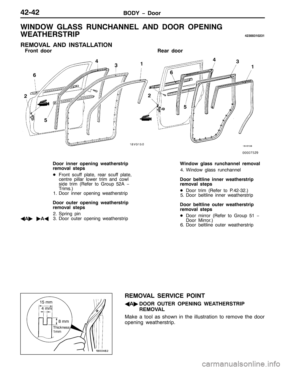 MITSUBISHI PAJERO SPORT 1998  Workshop Manual %2< ï RRU75075
:,12: */$66 581&+$11(/ $1 225 23(1,1*
:($7+(5675,3
75633643564
5(029$/ $1 ,167$//$7,21
)URQW GRRU 5HDU GRRU
4
56 7
8 9
54
6 7
8 9
RRU LQQHU RSHQLQJ ZHDWKHUVWULS
UHPRYDO VWHSV
-)