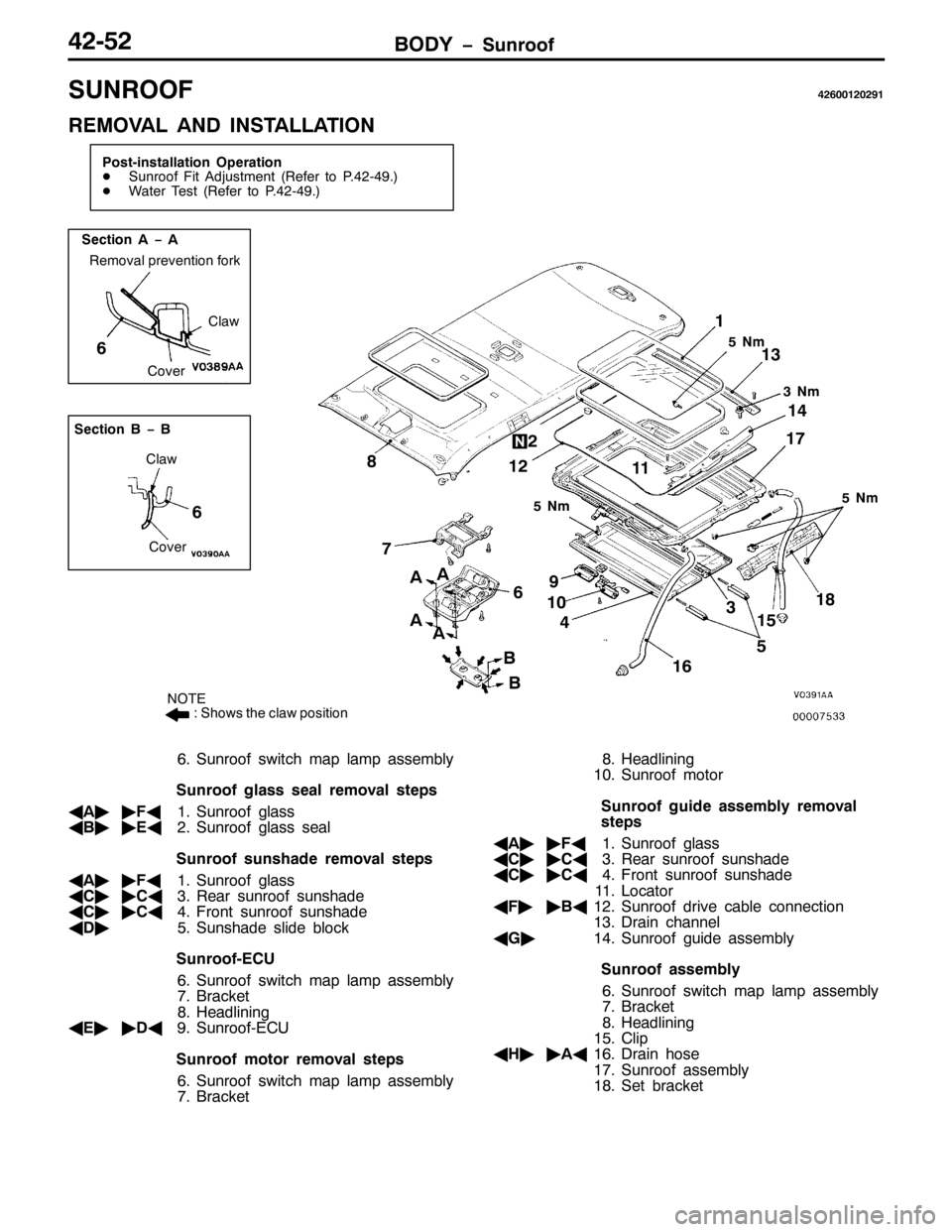 MITSUBISHI PAJERO SPORT 1998  Workshop Manual %2< ï6XQURRI75085
681522)759334535<4
5(029$/ $1 ,167$//$7,21
3RVW0LQVWDOODWLRQ 2SHUDWLRQ
-6XQURRI )LW $GMXVWPHQW+5HIHU WR 317507<1,
-:DWHU 7HVW+5HIHU WR 317507<1,
81P
61P
81P
81P
4
5
6
7
8 9 : ;
<
