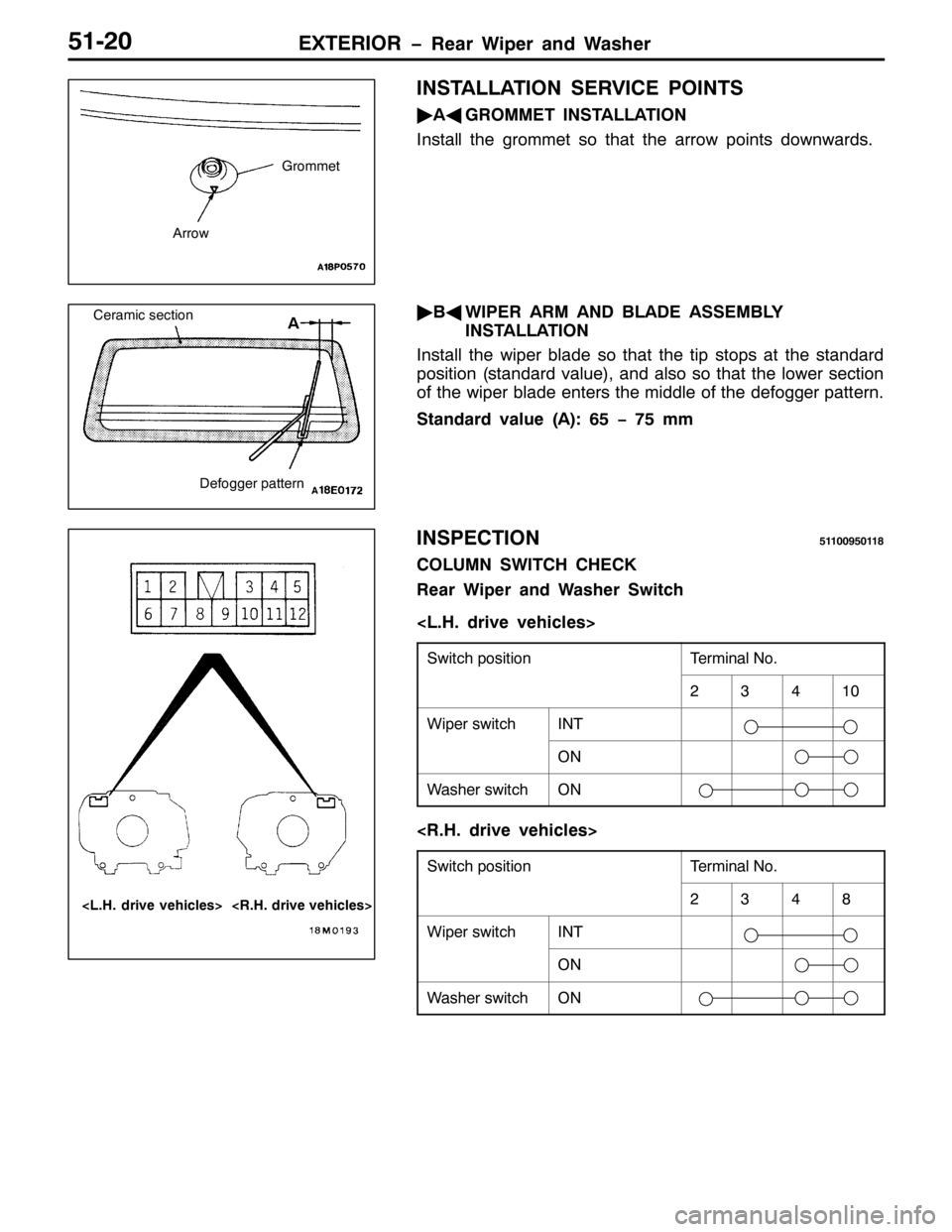 MITSUBISHI PAJERO SPORT 1998  Workshop Manual (;7(5,25 ï5HDU :LSHU DQG :DVKHU84053
,167$//$7,21 6(59,&( 32,176
ò
$*
*5200(7 ,167$//$7,21
,QVWDOO WKH JURPPHW VR WKDW WKH DUURZ SRLQWV GRZQZDUGV1
ò
%*
:,3(5 $50 $1 %/$( $66(0%/<
,167$//$7,21
,QV