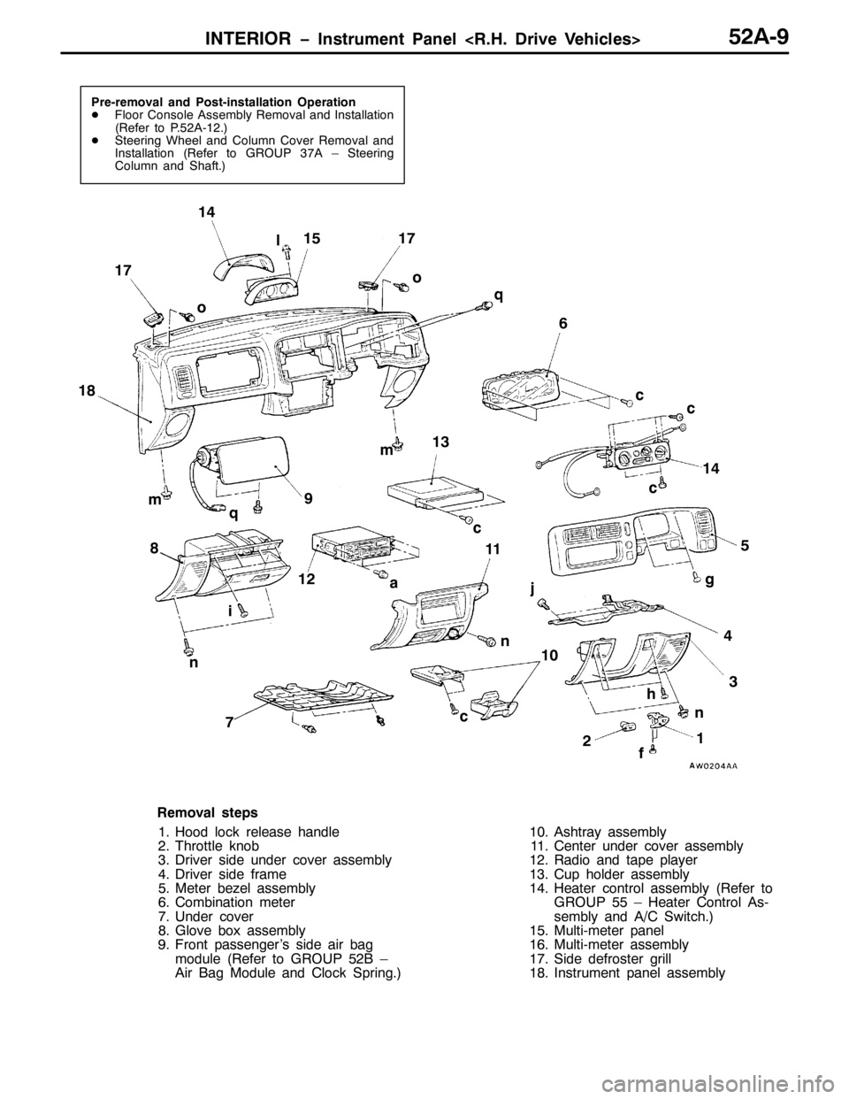 MITSUBISHI PAJERO SPORT 1998  Workshop Manual ,17(5,25 ï,QVWUXPHQW 3DQHO?51+1ULYH 9HKLFOHV!85$0<
3UH0UHPRYDO DQG 3RVW0LQVWDOODWLRQ 2SHUDWLRQ
-)ORRU &RQVROH $VVHPEO\ 5HPRYDO DQG ,QVWDOODWLRQ
+5HIHU WR 3185$0451,
-6WHHULQJ :KHHO DQG &ROXPQ &RYHU 
