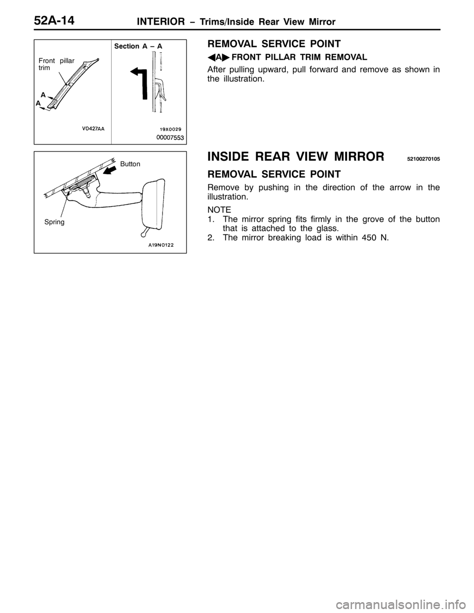 MITSUBISHI PAJERO SPORT 1998  Workshop Manual ,17(5,25 ï7UL PV2,QVLGH 5HDU 9LHZ 0LUURU85$047
5(029$/ 6(59,&( 32,17
*
$ò
)5217 3,//$5 75,0 5(029$/
$IWHU SXOOLQJ XSZDUG/SXOO IRUZDUG DQG UHPRYH DV VKRZQ LQ
WKH LOOXVWUDWLRQ1
,16,( 5($5 9,(: 0,5525