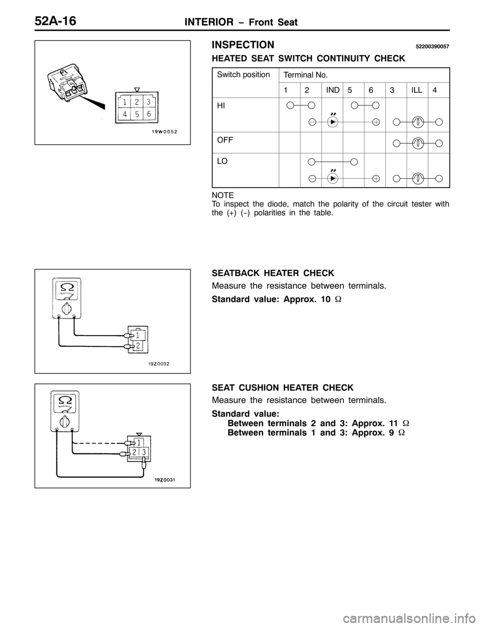 MITSUBISHI PAJERO SPORT 1998 Workshop Manual ,17(5,25 ï)URQW 6HDW,17(5,25 ï)URQW 6HDW85$049
,163(&7,21855336<338:
+($7( 6($7 6:,7&+ &217,18,7< &+(&.
6ZLWFK SRVLWLRQ7HUPLQDO 1R1
45,1896,//7
+,
2))
/2
127(
7R LQVSHFW WKH GLRGH/PDWFK WKH SRODUL MITSUBISHI PAJERO SPORT 1998 Workshop Manual ,17(5,25 ï)URQW 6HDW,17(5,25 ï)URQW 6HDW85$049
,163(&7,21855336<338:
+($7( 6($7 6:,7&+ &217,18,7< &+(&.
6ZLWFK SRVLWLRQ7HUPLQDO 1R1
45,1896,//7
+,
2))
/2
127(
7R LQVSHFW WKH GLRGH/PDWFK WKH SRODUL