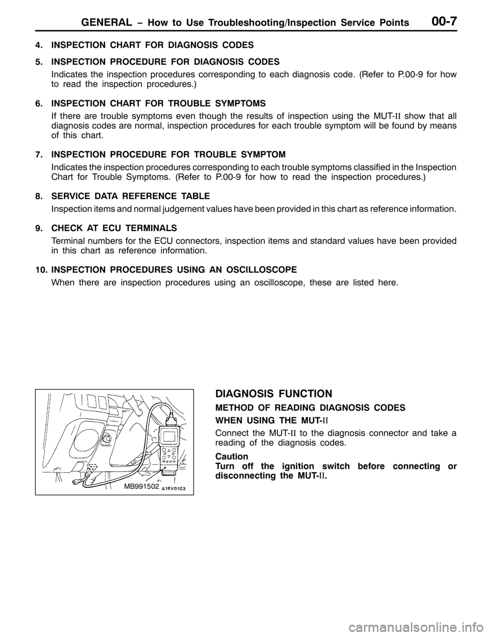 MITSUBISHI PAJERO SPORT 1998  Workshop Manual *(1(5$/ ï+RZ WR 8VH 7URXEOHVKRRWLQJ2,QVSHFWLRQ 6HUYLFH 3RLQWV330:
71,163(&7,21&+$57 )25 ,$*126,6 &2(6
81,163(&7,21 352&(85( )25 ,$*126,6 &2(6
,QGLFDWHV WKH LQVSHFWLRQ SURFHGXUHV FRUUHVSRQGLQJ WR