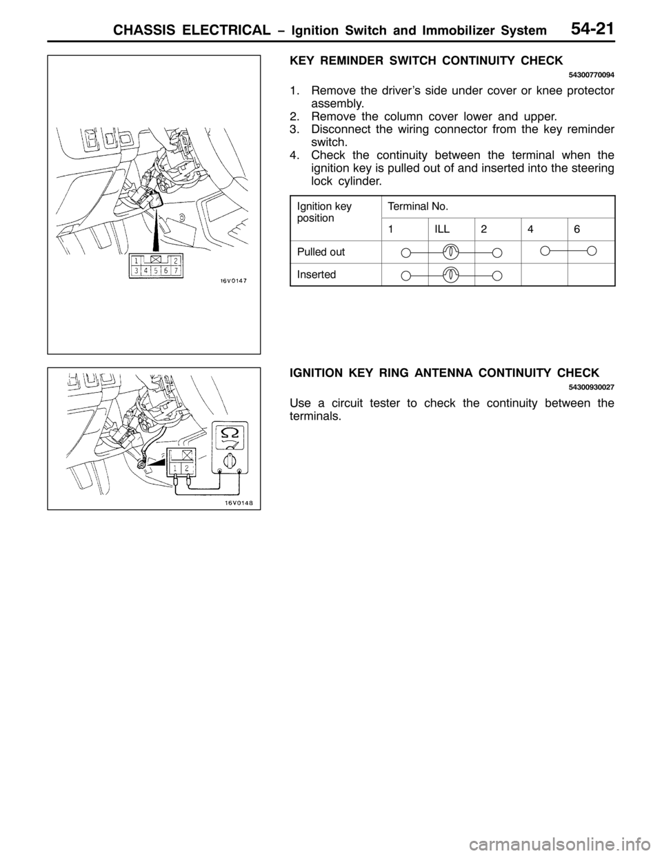 MITSUBISHI PAJERO SPORT 1998  Workshop Manual &+$66,6 (/(&75,&$/ ï,JQLWLRQ 6ZLWFK DQG ,PPRELOL]HU 6\VWHP87054
.(< 5(0,1(5 6:,7&+ &217,18,7< &+(&.
87633::33<7
415HPRYH WKH GULYHU·V VLGH XQGHU FRYHU RU NQHH SURWHFWRU
DVVHPEO\1
515HPRYH WKH FROXP