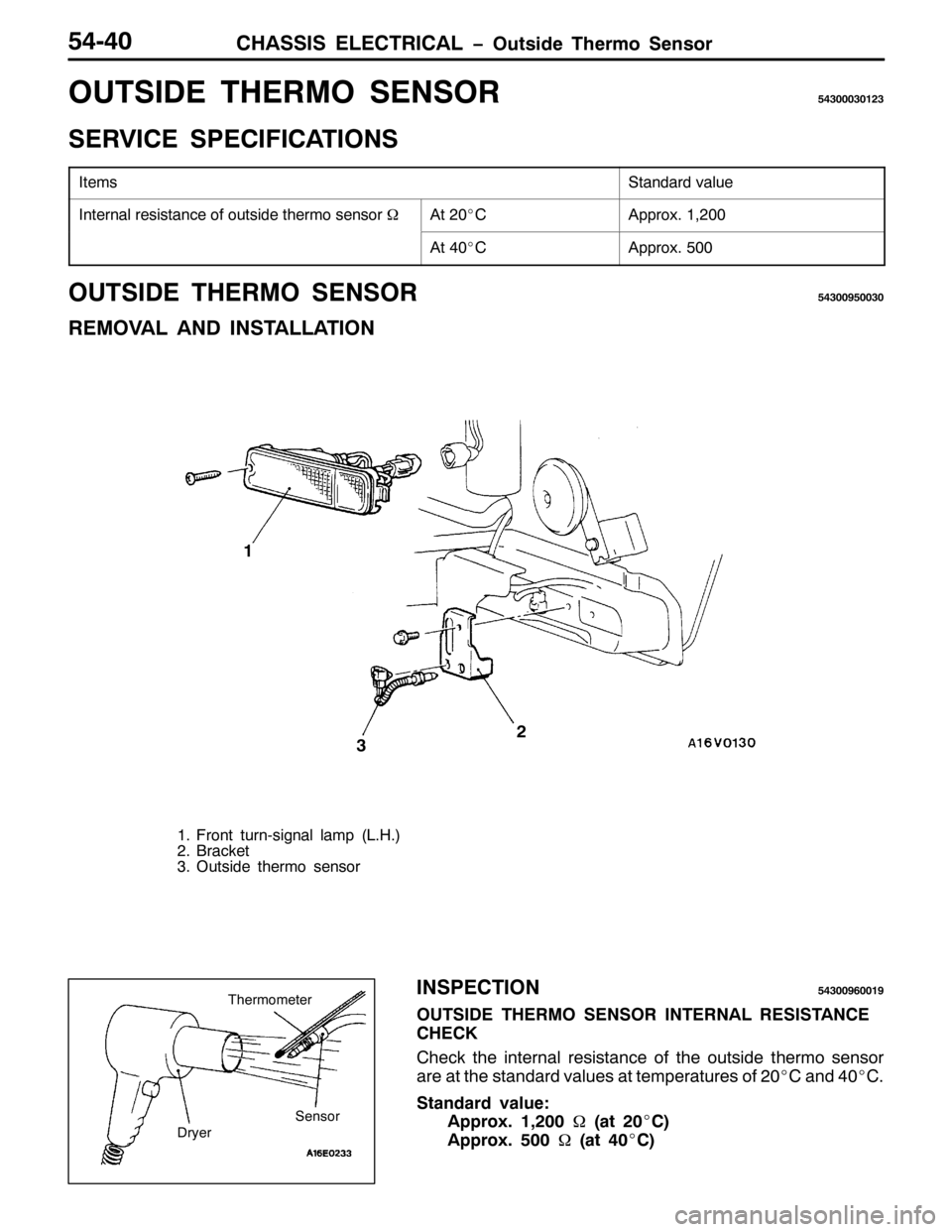 MITSUBISHI PAJERO SPORT 1998  Workshop Manual &+$66,6 (/(&75,&$/ ï2XWVLGH 7KHUPR 6HQVRU87073
2876,( 7+(502 6(162587633363456
6(59,&( 63(&,),&$7,216
,WHPV6WDQGDUG YDOXH
,QWHUQDO UHVLVWDQFH RI RXWVLGH WKHUPR VHQVRU:$W53E&$SSUR[1 4/533
$W73E&$SSUR