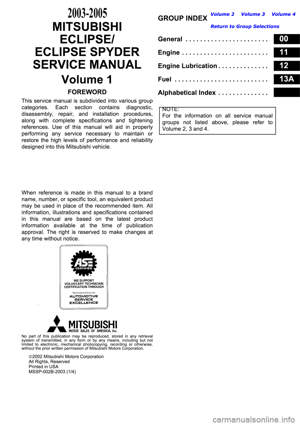 MITSUBISHI SPYDER 2003  Service Repair Manual 2003-2005 