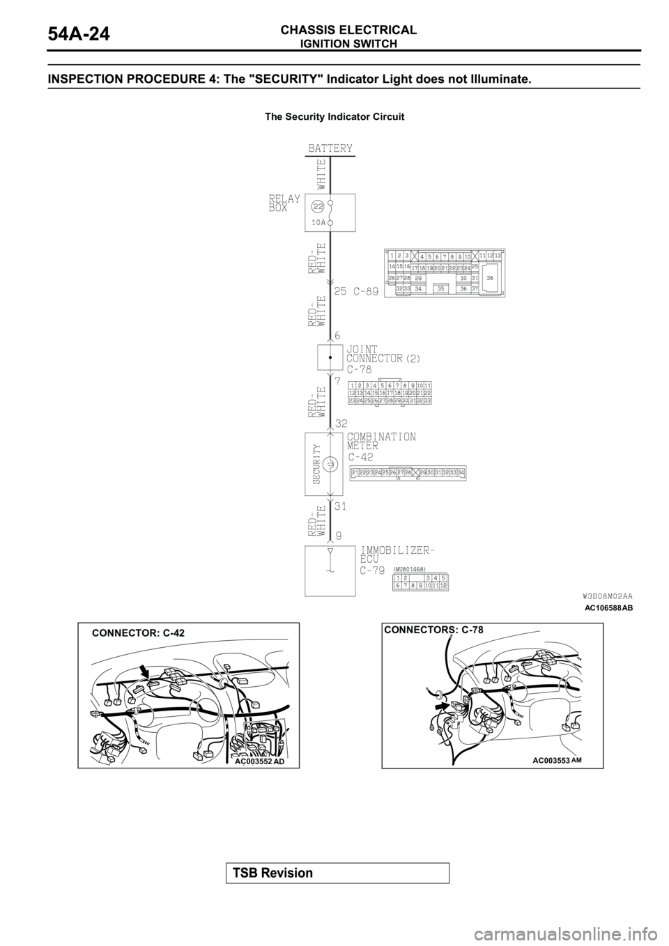 MITSUBISHI SPYDER 2003 Service Repair Manual AC106588
The Security Indicator Circuit
AB
AC003552AD
CONNECTOR: C-42
AC003553
CONNECTORS: C-78
AM MITSUBISHI SPYDER 2003 Service Repair Manual AC106588
The Security Indicator Circuit
AB
AC003552AD
CONNECTOR: C-42
AC003553
CONNECTORS: C-78
AM