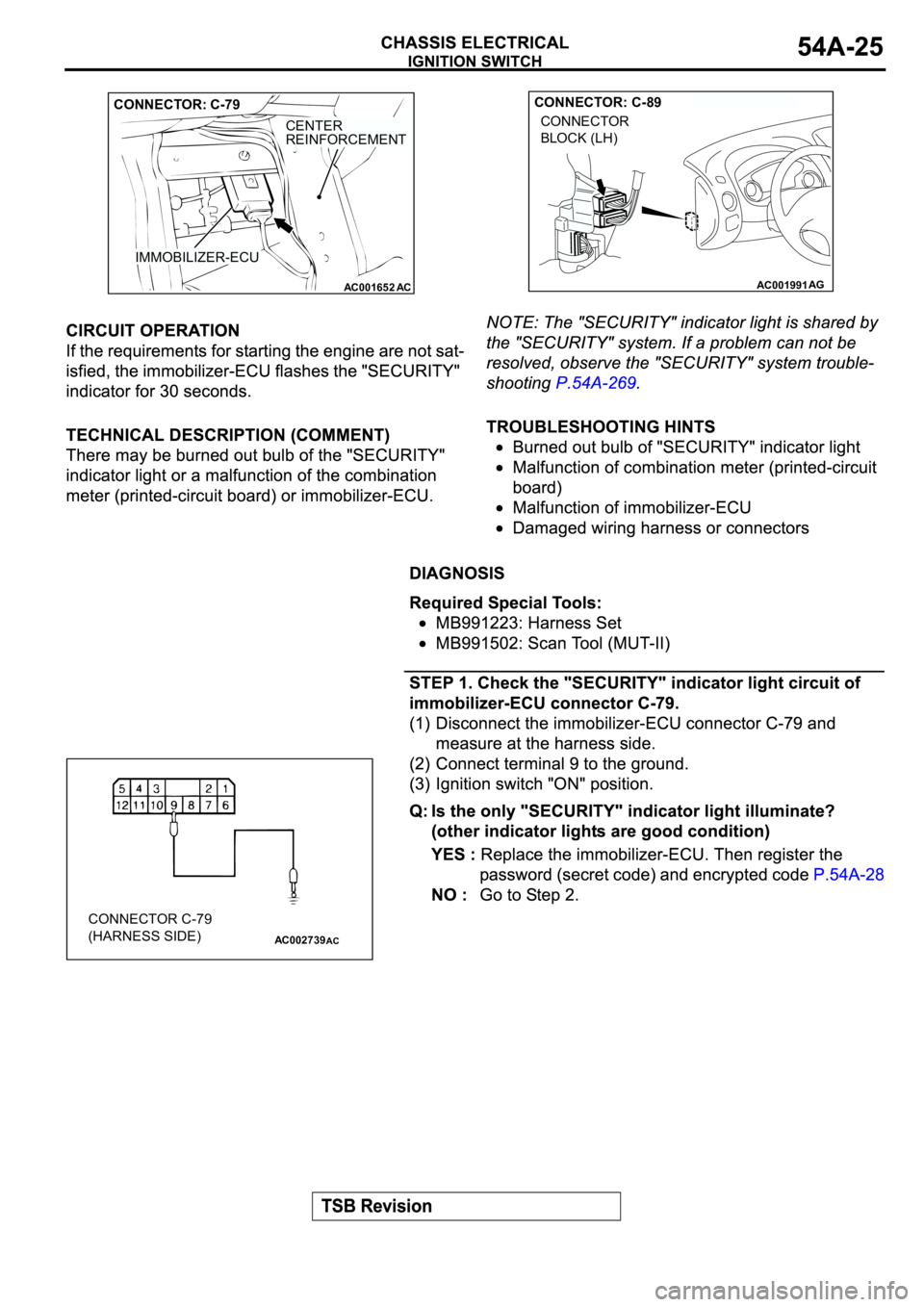 MITSUBISHI SPYDER 2003 Service Repair Manual AC001652
AC
IMMOBILIZER-ECU
CENTER
REINFORCEMENT
CONNECTOR: C-79
AC001991AG
CONNECTOR: C-89
CONNECTOR
BLOCK (LH)
AC002739
CONNECTOR C-79
(HARNESS SIDE)
AC MITSUBISHI SPYDER 2003 Service Repair Manual AC001652
AC
IMMOBILIZER-ECU
CENTER
REINFORCEMENT
CONNECTOR: C-79
AC001991AG
CONNECTOR: C-89
CONNECTOR
BLOCK (LH)
AC002739
CONNECTOR C-79
(HARNESS SIDE)
AC