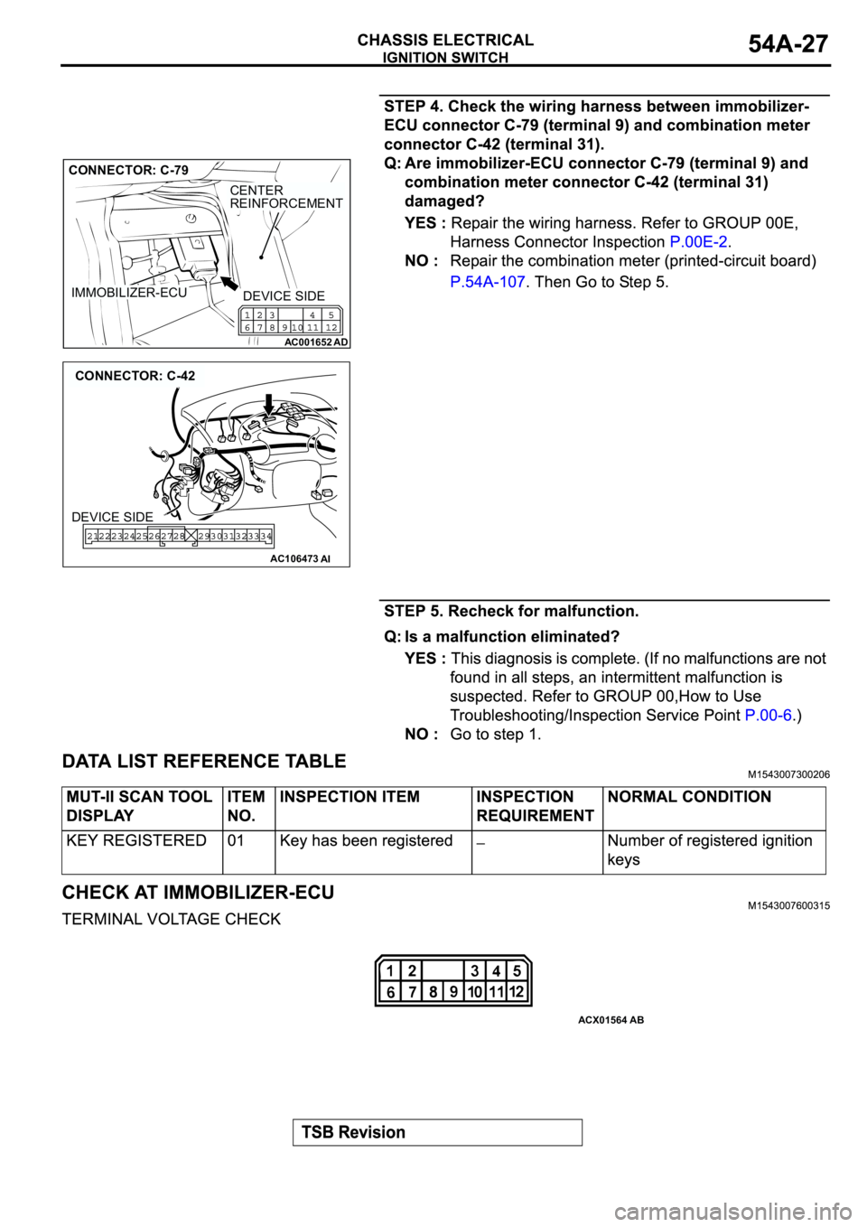 MITSUBISHI SPYDER 2003 Service Repair Manual AC001652
AD
IMMOBILIZER-ECU
CENTER
REINFORCEMENT
CONNECTOR: C-79
DEVICE SIDE
AC106473
CONNECTOR: C-42
AI
DEVICE SIDE
ACX01564AB MITSUBISHI SPYDER 2003 Service Repair Manual AC001652
AD
IMMOBILIZER-ECU
CENTER
REINFORCEMENT
CONNECTOR: C-79
DEVICE SIDE
AC106473
CONNECTOR: C-42
AI
DEVICE SIDE
ACX01564AB