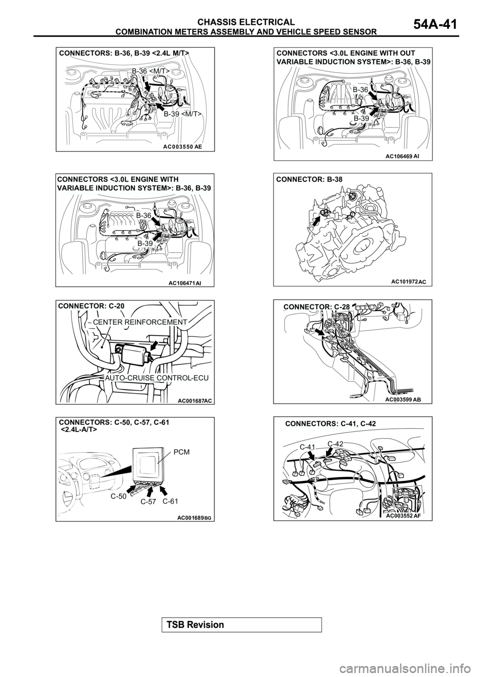 MITSUBISHI SPYDER 2003  Service Repair Manual AC003550
CONNECTORS: B-36, B-39 <2.4L M/T>
B-36 <M/T> 
B-39 <M/T>
AE
AC106469
CONNECTORS <3.0L ENGINE WITH OUT 
VARIABLE INDUCTION SYSTEM>: B-36, B-39
AI
B-36
B-39
AC106471
CONNECTORS <3.0L ENGINE WIT