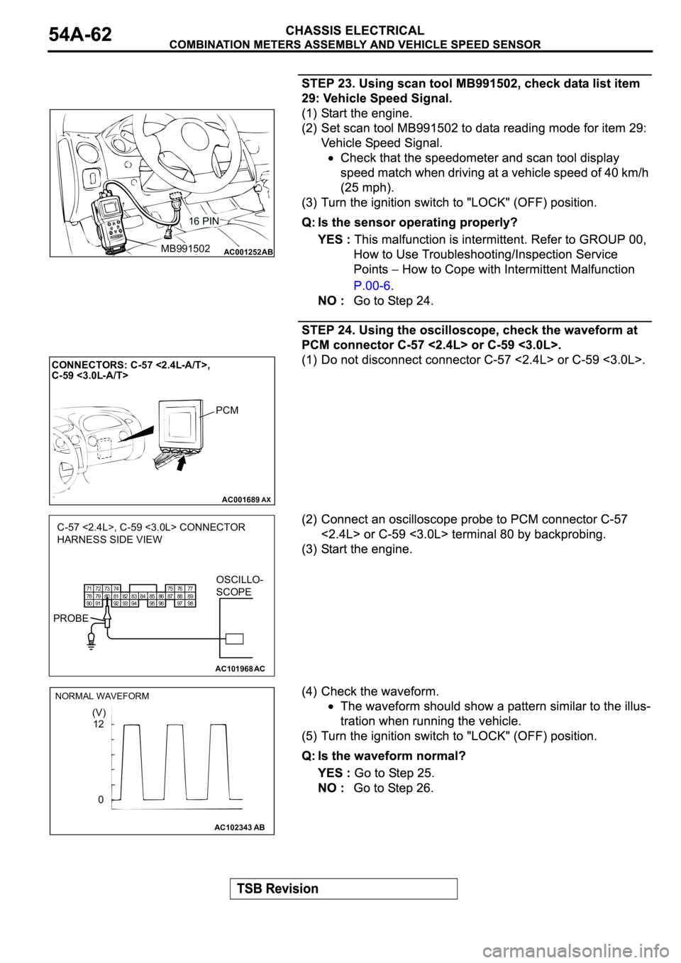 MITSUBISHI SPYDER 2003  Service Repair Manual AC001252MB99150216 PINAB
AC001689
CONNECTORS: C-57 <2.4L-A/T>,
C-59 <3.0L-A/T>        
AX
PCM
AC101968
71
90 78 79
9173
8074
81
9282
9383 84
94 9586 85
9675
8776 77
88
9789
98 72
AC
C-57 <2.4L>, C-59 