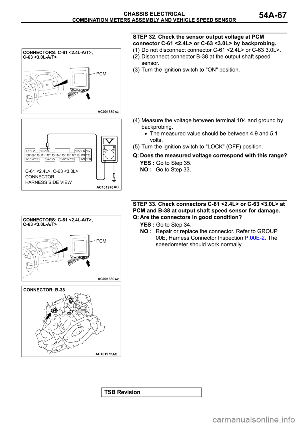 MITSUBISHI SPYDER 2003  Service Repair Manual AC001689
CONNECTORS: C-61 <2.4L-A/T>,
C-63 <3.0L-A/T>        
AZ
PCM
AC101970
101
121 108102
122 109 110
123103
111104
112
124113
125114 115
126 127117 116
128105
118106 107
119
129120
130
AC
C-61 <2.