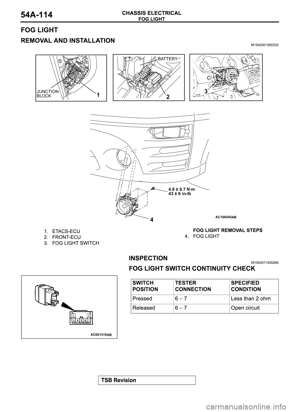 MITSUBISHI SPYDER 2003  Service Repair Manual AC106455
BATTERY
JUNCTION 
BLOCK
4 1
23AB
4.9 ± 0.7 Nꞏm
43 ± 6 in-lb
AC001319AB 