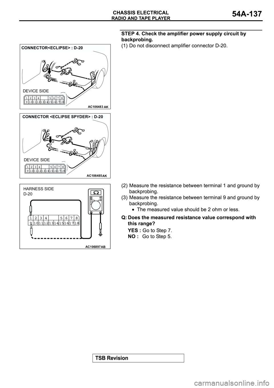 MITSUBISHI SPYDER 2003  Service Repair Manual AC106483AK
CONNECTOR<ECLIPSE> : D-20
DEVICE SIDE
AC106485AK
CONNECTOR <ECLIPSE SPYDER> : D-20
DEVICE SIDE
AC106897AB
HARNESS SIDE
D-20 