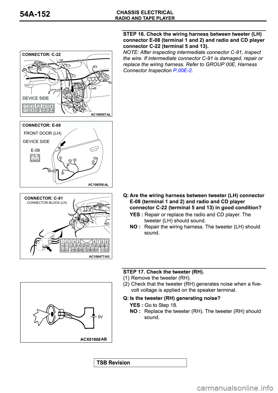MITSUBISHI SPYDER 2003  Service Repair Manual AC106557AL
CONNECTOR: C-22
DEVICE SIDE
12 11 10 1345
146
9 83 2
7 1
AC106556
FRONT DOOR (LH)
AL
CONNECTOR: E-08
DEVICE SIDE
E-08
AC106477
CONNECTOR: C-91
AG
1
10
222
11
233
124
13
2414
2515
2616 17
27
