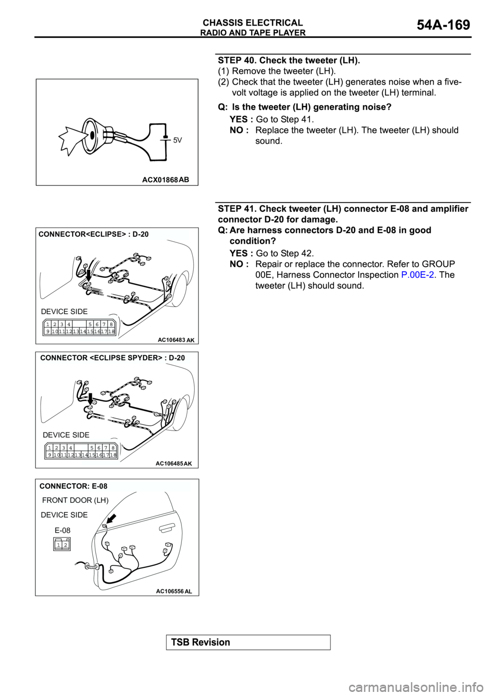 MITSUBISHI SPYDER 2003  Service Repair Manual ACX01868AB
5V
AC106483AK
CONNECTOR<ECLIPSE> : D-20
DEVICE SIDE
AC106485AK
CONNECTOR <ECLIPSE SPYDER> : D-20
DEVICE SIDE
AC106556
FRONT DOOR (LH)
AL
CONNECTOR: E-08
DEVICE SIDE
E-08 