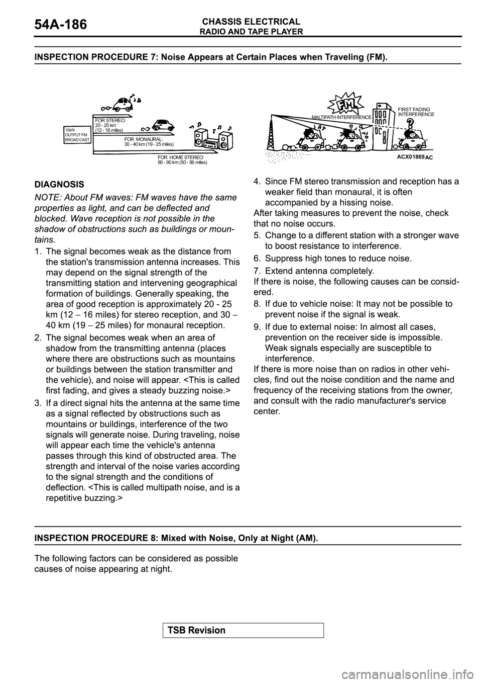 MITSUBISHI SPYDER 2003  Service Repair Manual ACX01869
10kW
OUTPUT FM
BROAD CAST
FOR STEREO:
20 - 25 km
(12 - 16 miles)
FOR  MONAURAL:
30 - 40 km (19 - 25 miles)
FOR  HOME STEREO:
80 - 90 km (50 - 56 miles)MALTIPATH INTERFERENCEFIRST FADING
INTER