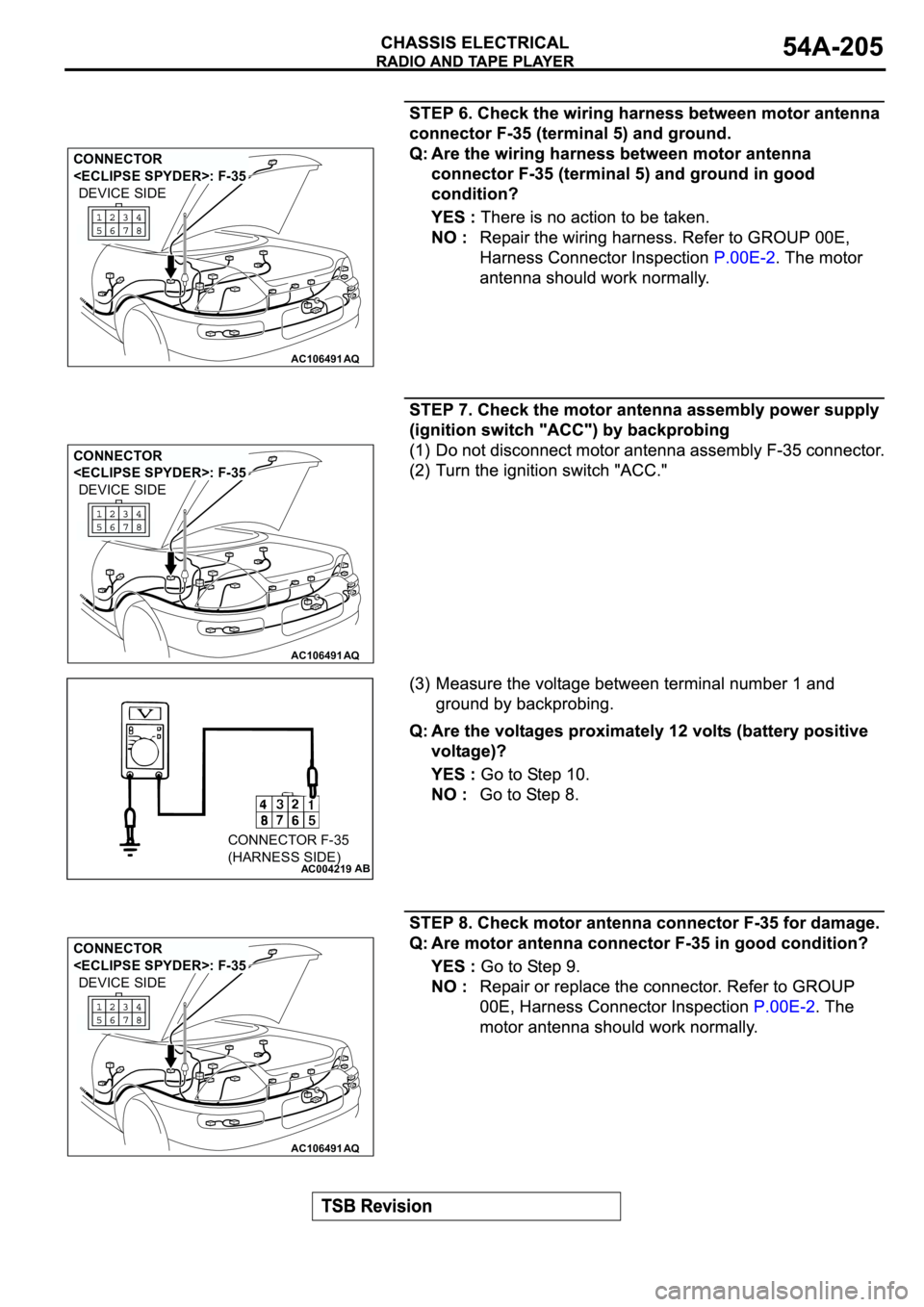 MITSUBISHI SPYDER 2003  Service Repair Manual AC106491AQ
CONNECTOR 
<ECLIPSE SPYDER>: F-35
DEVICE SIDE
AC106491AQ
CONNECTOR 
<ECLIPSE SPYDER>: F-35
DEVICE SIDE
AC004219AB
CONNECTOR F-35
(HARNESS SIDE)
AC106491AQ
CONNECTOR 
<ECLIPSE SPYDER>: F-35
