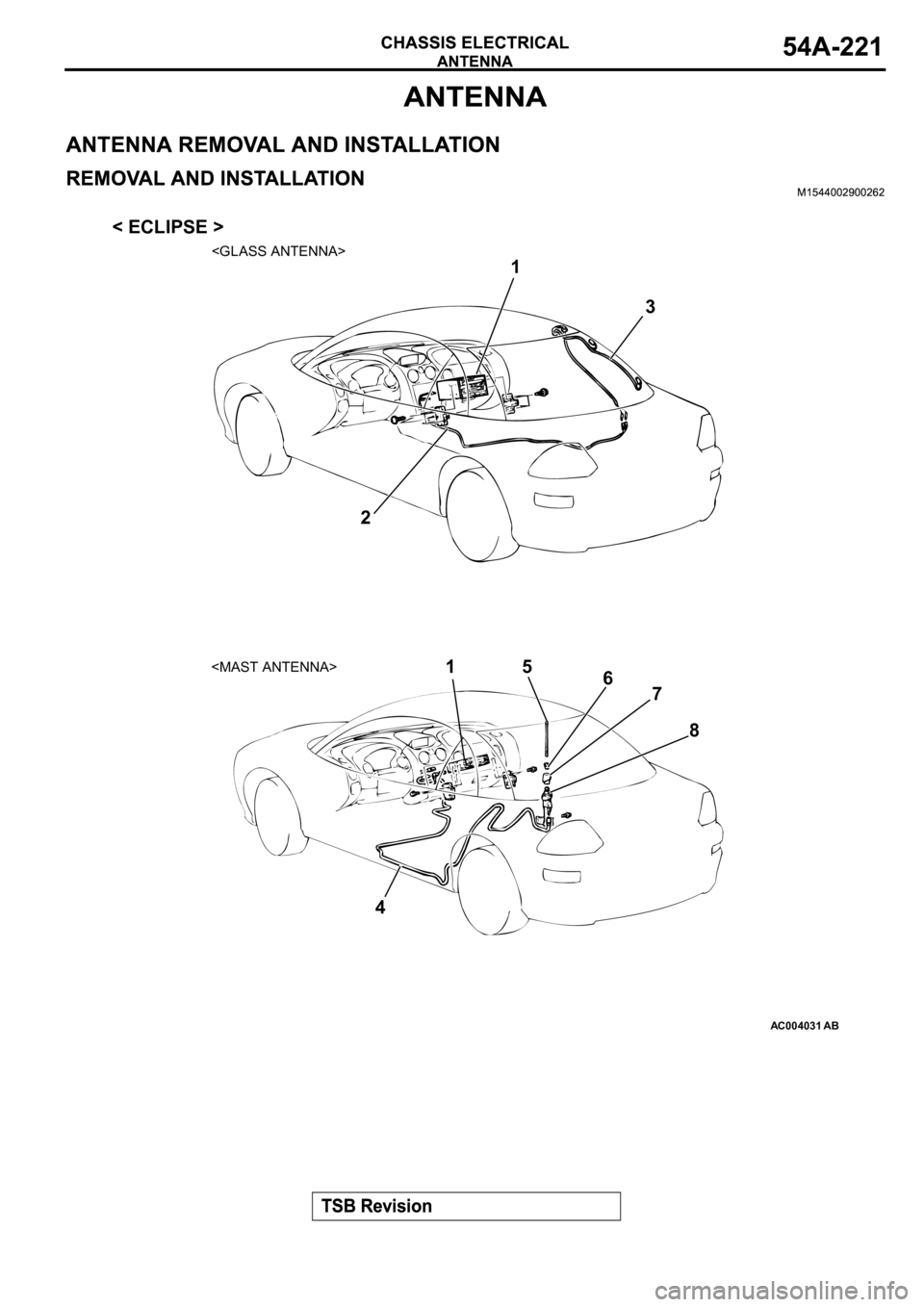 MITSUBISHI SPYDER 2003  Service Repair Manual AC004031 AB
3
4
1
2
6 15<MAST ANTENNA>  <GLASS ANTENNA>  
7
8 < ECLIPSE > 