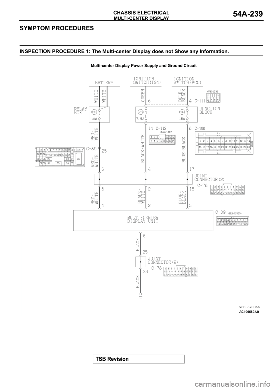 MITSUBISHI SPYDER 2003  Service Repair Manual AC106589
Multi-center Display Power Supply and Ground Circuit
AB 