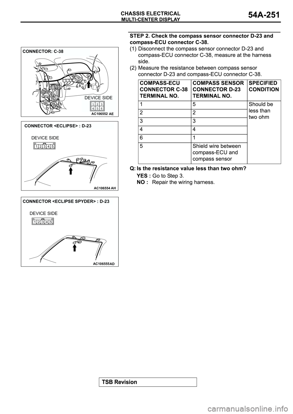 MITSUBISHI SPYDER 2003  Service Repair Manual AC106552AE
CONNECTOR: C-38
DEVICE SIDE
AC106554AH
CONNECTOR <ECLIPSE> : D-23
DEVICE SIDE
4 35 12
AC106555AD
CONNECTOR <ECLIPSE SPYDER> : D-23
DEVICE SIDE
4 35 12 