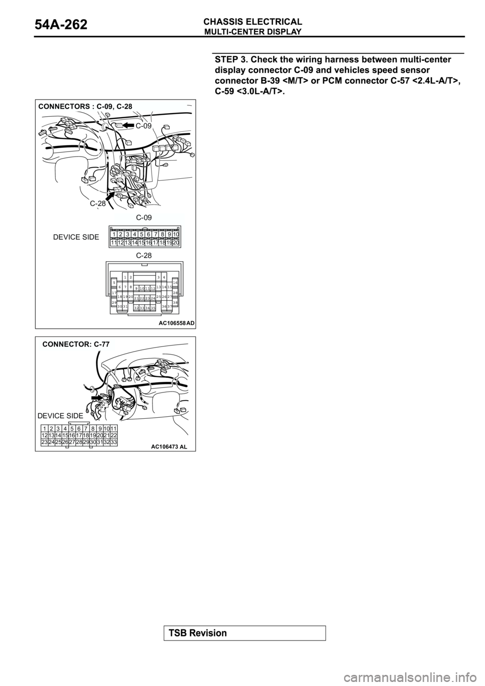 MITSUBISHI SPYDER 2003  Service Repair Manual AC106558AD
CONNECTORS : C-09, C-28
C-09
C-28
DEVICE SIDEC-09
C-281
112
123
134
145
156
167
178
189
1910
20
AC106473
CONNECTOR: C-77
AL
1
12
232
13
243
14
254
15
265
16
276
17
287
18
298
19
309
20
3110