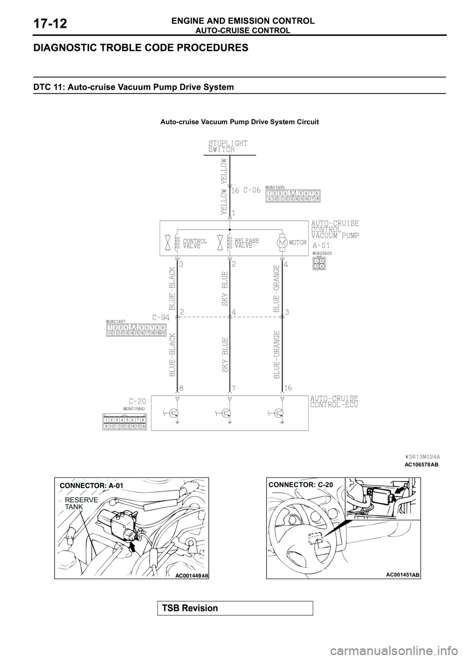 MITSUBISHI SPYDER 2003 Service Repair Manual AC106578 AB
Auto-cruise Vacuum Pump Drive System Circuit
RESERVE
TA N K
AC001451
CONNECTOR: C-20
AB MITSUBISHI SPYDER 2003 Service Repair Manual AC106578 AB
Auto-cruise Vacuum Pump Drive System Circuit
RESERVE
TA N K
AC001451
CONNECTOR: C-20
AB