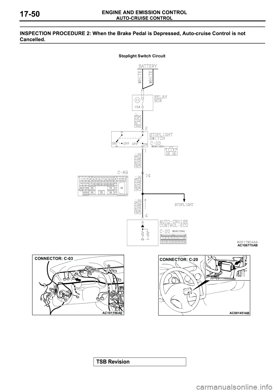 MITSUBISHI SPYDER 2003  Service Repair Manual AC106775
Stoplight Switch Circuit
AB
AC101196
AE
CONNECTOR: C-03
AC001451
CONNECTOR: C-20
AB 