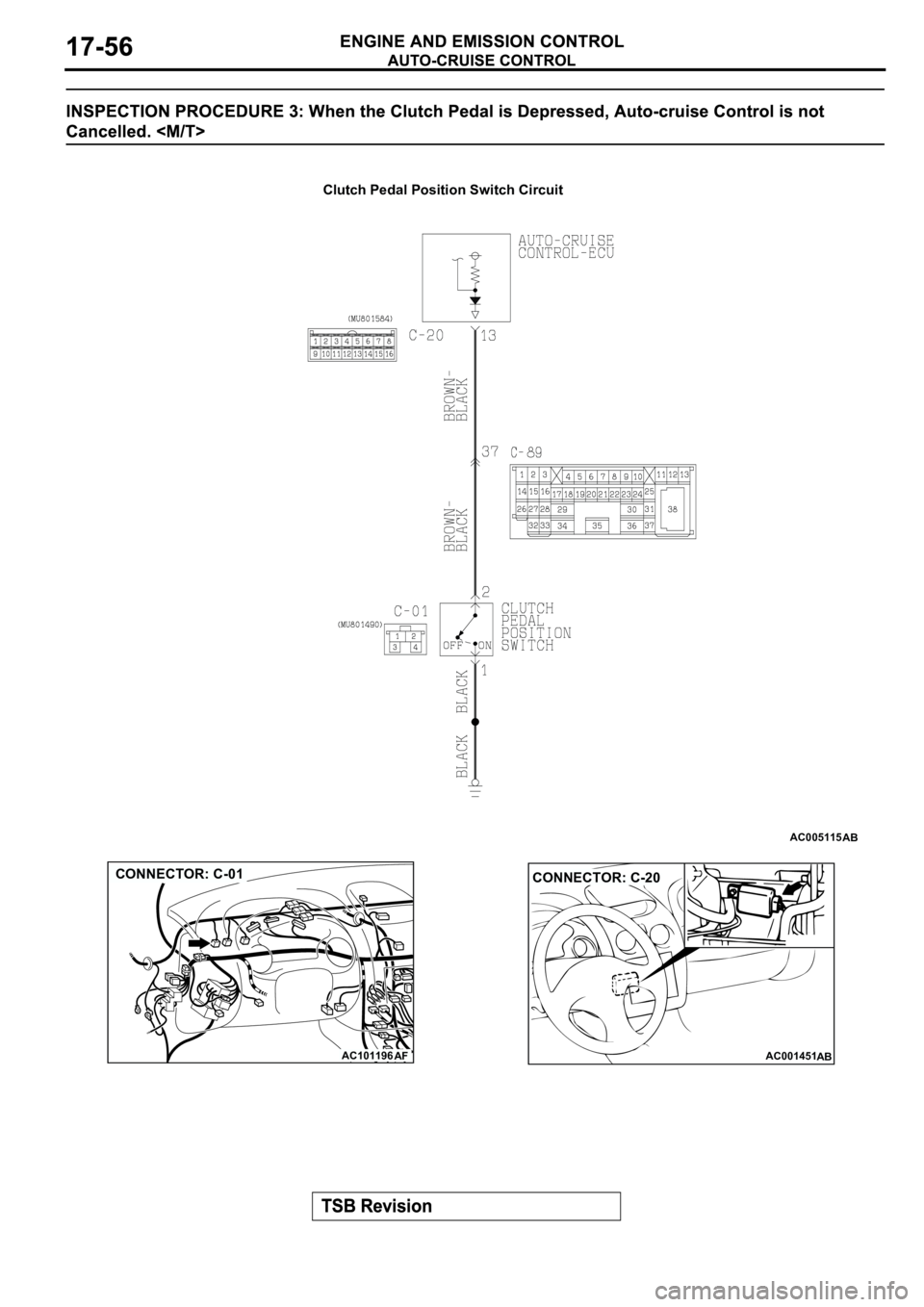MITSUBISHI SPYDER 2003  Service Repair Manual AC005115
Clutch Pedal Position Switch Circuit
AB
AC101196
AF
CONNECTOR: C-01
AC001451
CONNECTOR: C-20
AB 