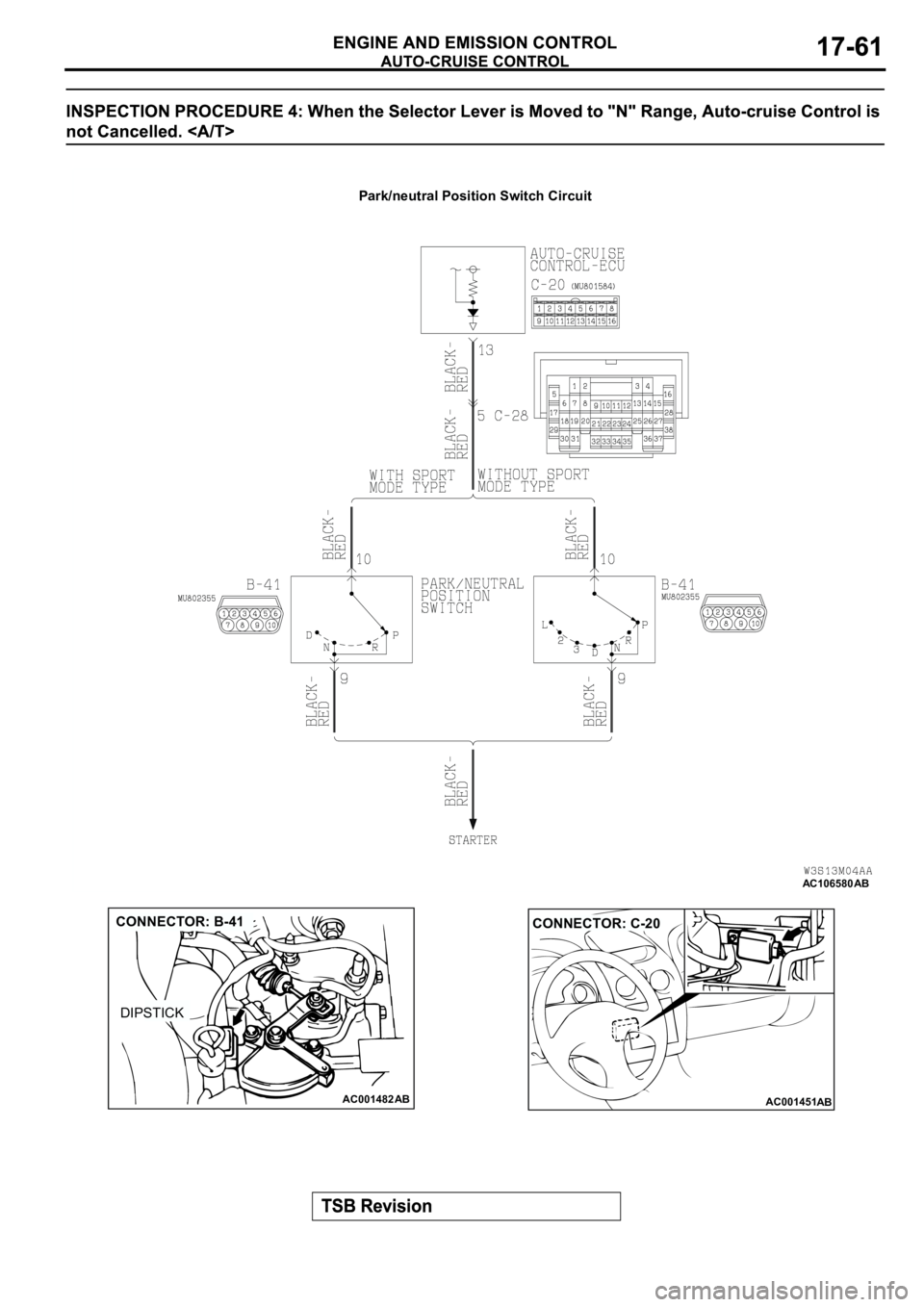MITSUBISHI SPYDER 2003  Service Repair Manual AC106580
AB
Park/neutral Position Switch Circuit
AC001482
CONNECTOR: B-41
DIPSTICK
ABAC001451
CONNECTOR: C-20
AB 