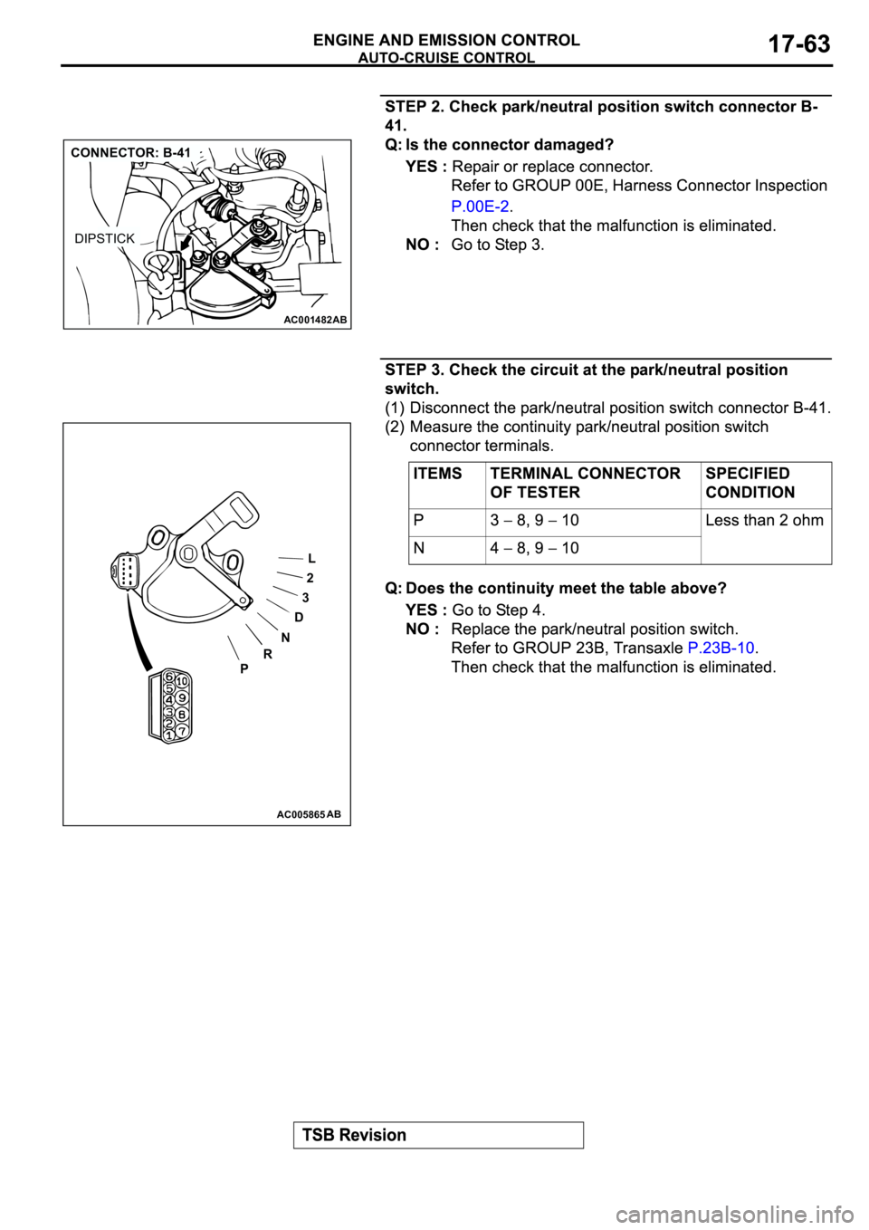 MITSUBISHI SPYDER 2003  Service Repair Manual AC001482
CONNECTOR: B-41
DIPSTICK
AB
AC005865
PRND32L
AB 