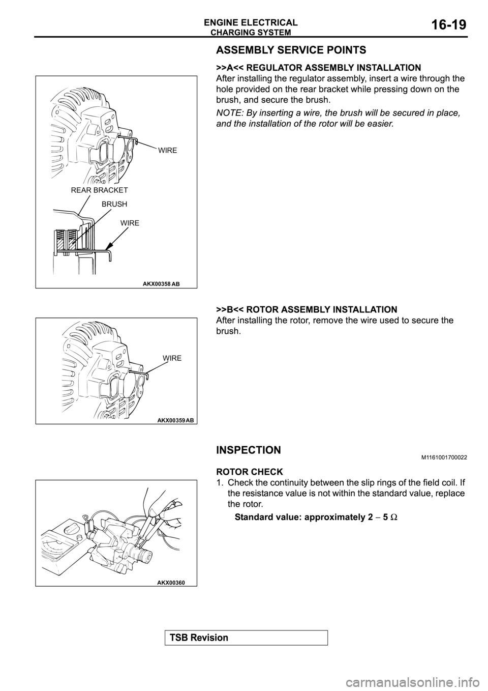 MITSUBISHI SPYDER 2003  Service Repair Manual AKX00358
WIRE
REAR BRACKET
BRUSH
WIRE
AB
AKX00359
WIRE
AB
AKX00360 