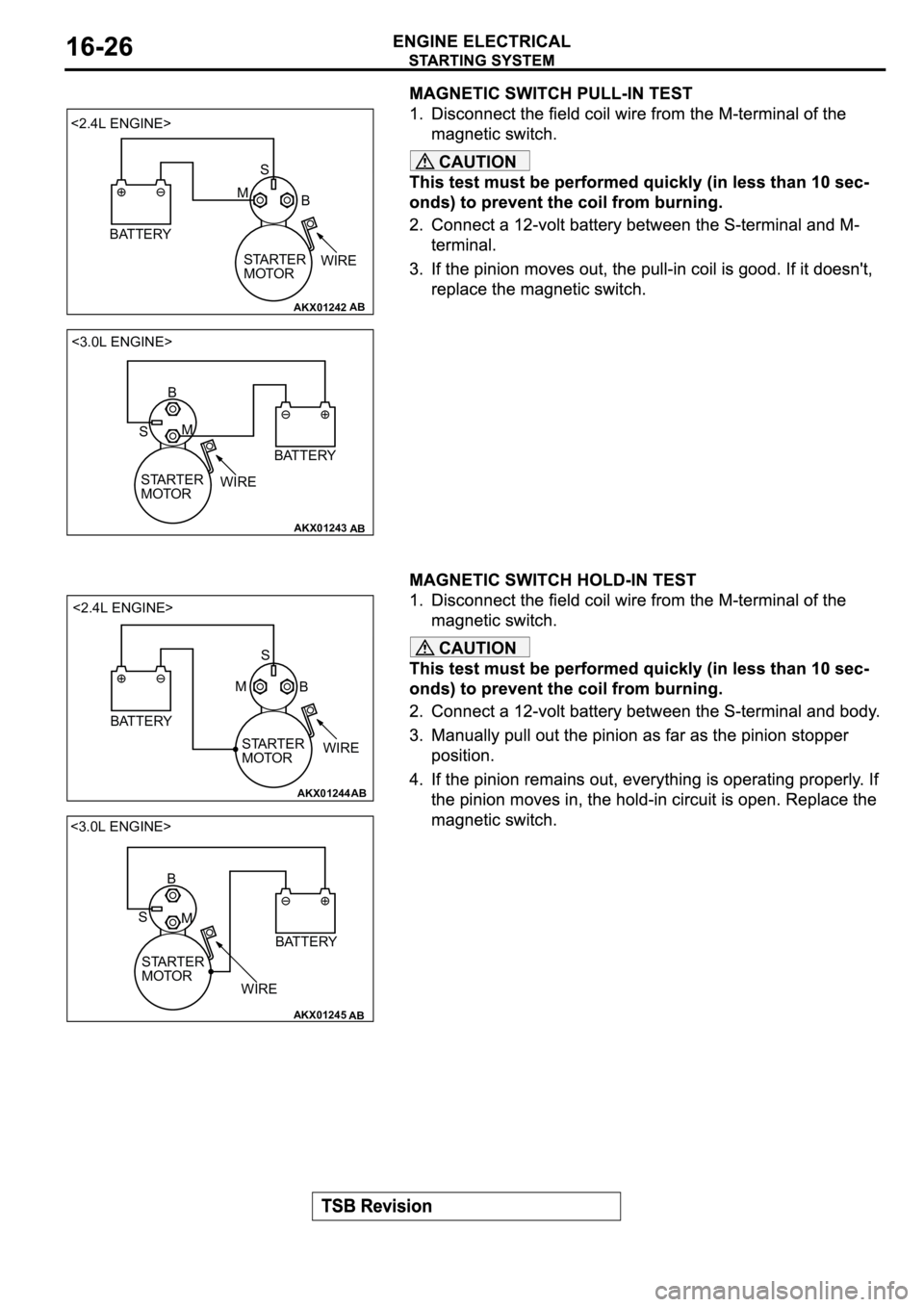 MITSUBISHI SPYDER 2003  Service Repair Manual CAUTION
CAUTION
AKX01242
<2.4L ENGINE>
S
B M
BATTERY
STARTER 
MOTORWIRE
AB
AKX01243
<3.0L ENGINE>
B
M
S
BATTERY
STARTER 
MOTORWIRE
AB
AKX01244
<2.4L ENGINE>
S
B M
BATTERY
STARTER 
MOTORWIRE
AB
AKX0124