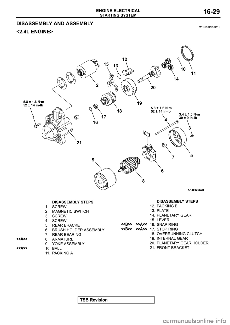 MITSUBISHI SPYDER 2003  Service Repair Manual AK101266
2
17181920
1614 13
213 15
11 12
1
4
6
87
910
AB
5
5.8 ± 1.6 Nꞏm
52 ± 14 in-lb5.8 ± 1.6 Nꞏm
52 ± 14 in-lb3.4 ± 1.0 Nꞏm
30 ± 9 in-lb 