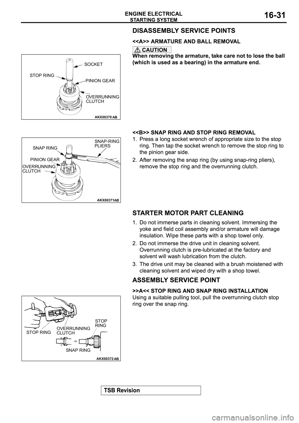 MITSUBISHI SPYDER 2003  Service Repair Manual CAUTION
AKX00370
SOCKET
STOP RING
PINION GEAR
OVERRUNNING
CLUTCH
AB
AKX00371
SNAP RING
PINION GEAR
OVERRUNNING
CLUTCHSNAP-RING
PLIERS
AB
AKX00372
STOP RINGOVERRUNNING
CLUTCH
SNAP RINGSTOP 
RING
AB 