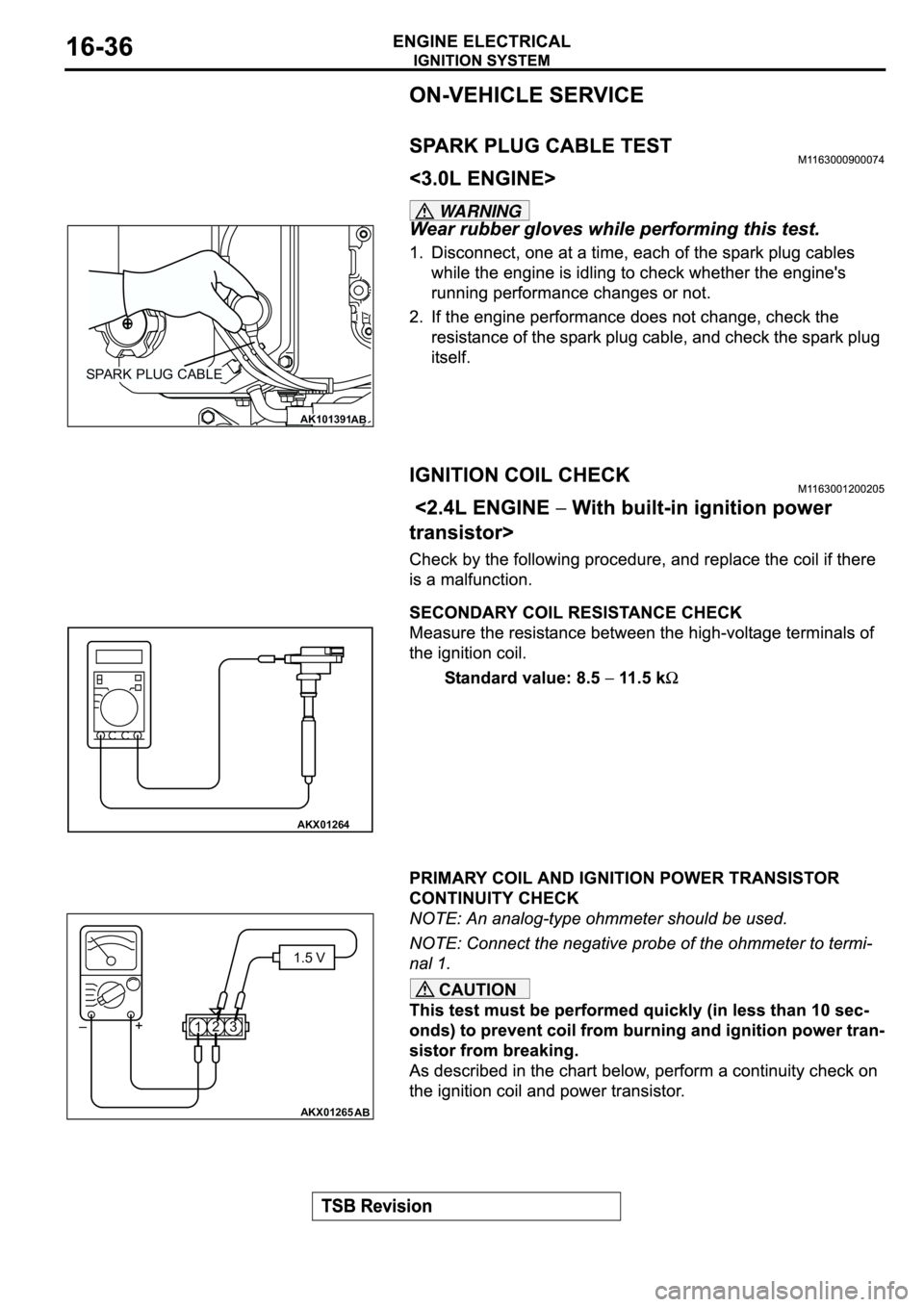 MITSUBISHI SPYDER 2003  Service Repair Manual WARNING
CAUTION
AK101391
SPARK PLUG CABLE
AK101391AB
AKX01264
AKX01265
AB
1.5 V
123 +
– 