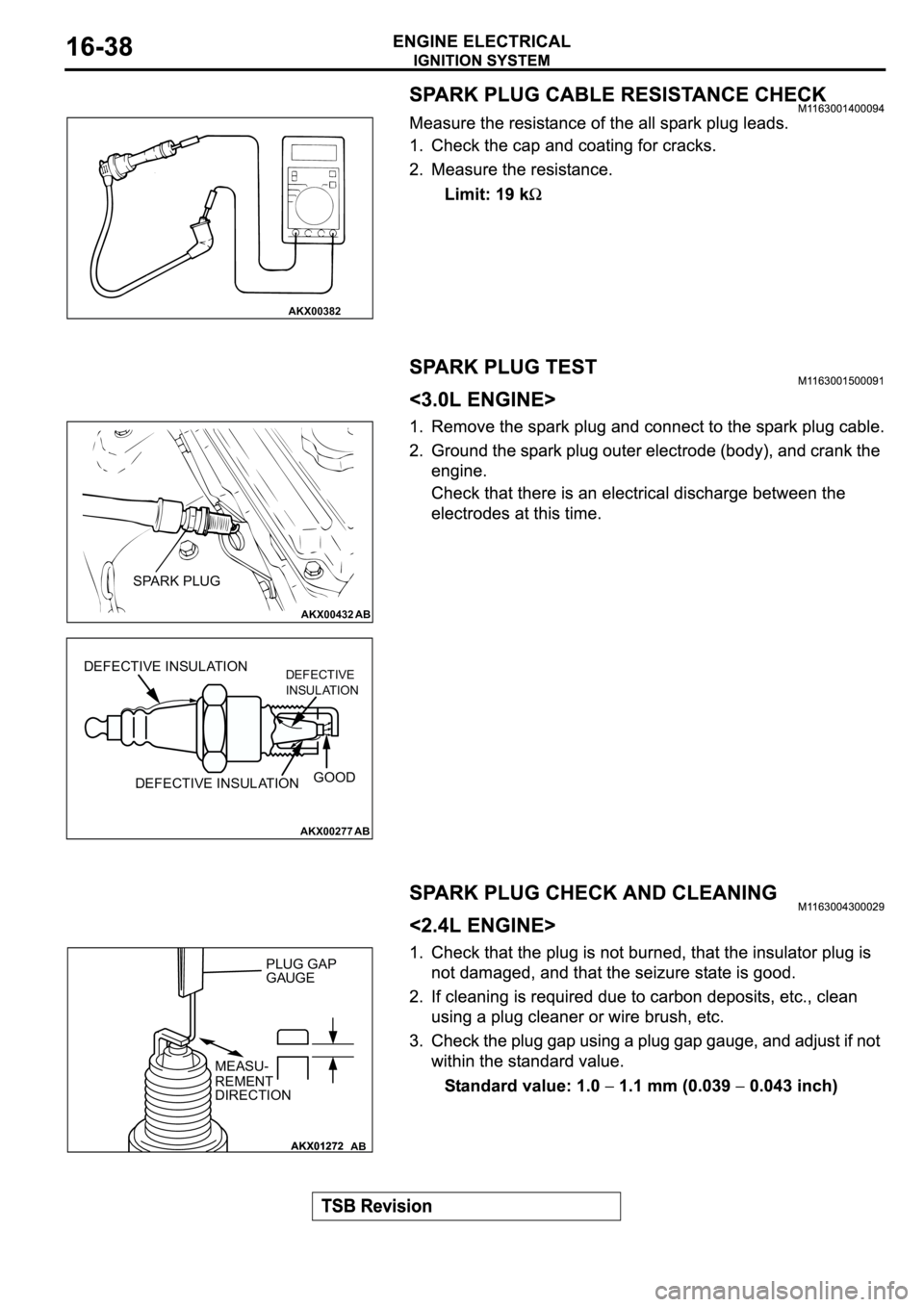MITSUBISHI SPYDER 2003  Service Repair Manual AKX00382
AKX00432
SPARK PLUG
AB
AKX00277
DEFECTIVE INSULATION
DEFECTIVE INSULATIONDEFECTIVE
INSULATION
GOOD
AB
AKX01272AKX01272
PLUG GAP 
GAUGE
MEASU-
REMENT
DIRECTION
AB 