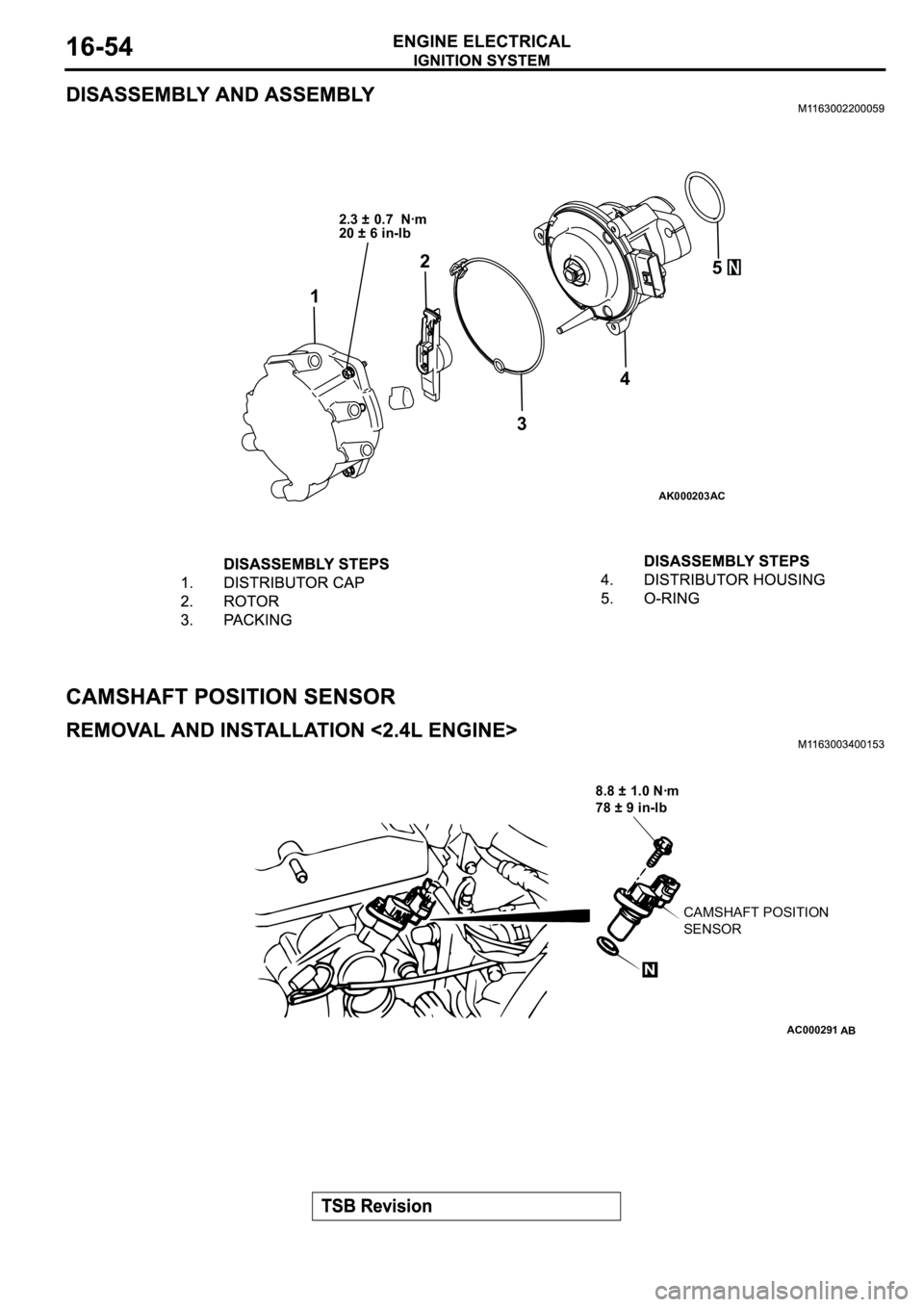 MITSUBISHI SPYDER 2003 Service Repair Manual AK000203AC
12
345
2.3 ± 0.7 Nꞏm
20 ± 6 in-lb
AC000291
CAMSHAFT POSITION
SENSOR
8.8 ± 1.0 Nꞏm
78 ± 9 in-lb
N
AB MITSUBISHI SPYDER 2003 Service Repair Manual AK000203AC
12
345
2.3 ± 0.7 Nꞏm
20 ± 6 in-lb
AC000291
CAMSHAFT POSITION
SENSOR
8.8 ± 1.0 Nꞏm
78 ± 9 in-lb
N
AB