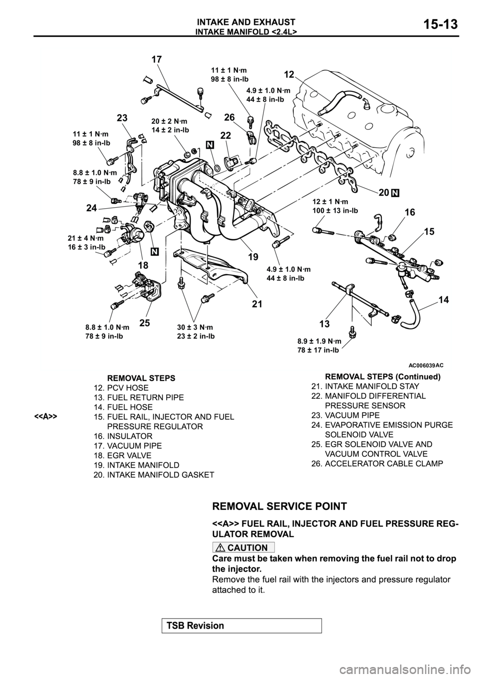 MITSUBISHI SPYDER 2003  Service Repair Manual CAUTION
AC006039
4.9 ± 1.0 Nꞏm
44 ± 8 in-lb 11 ± 1 Nꞏm
98 ± 8 in-lb
20 ± 2 Nꞏm
14 ± 2 in-lb
12 ± 1 Nꞏm
100 ± 13 in-lb
4.9 ± 1.0 Nꞏm
44 ± 8 in-lb
8.9 ± 1.9 Nꞏm
78 ± 17 in-lb 30 