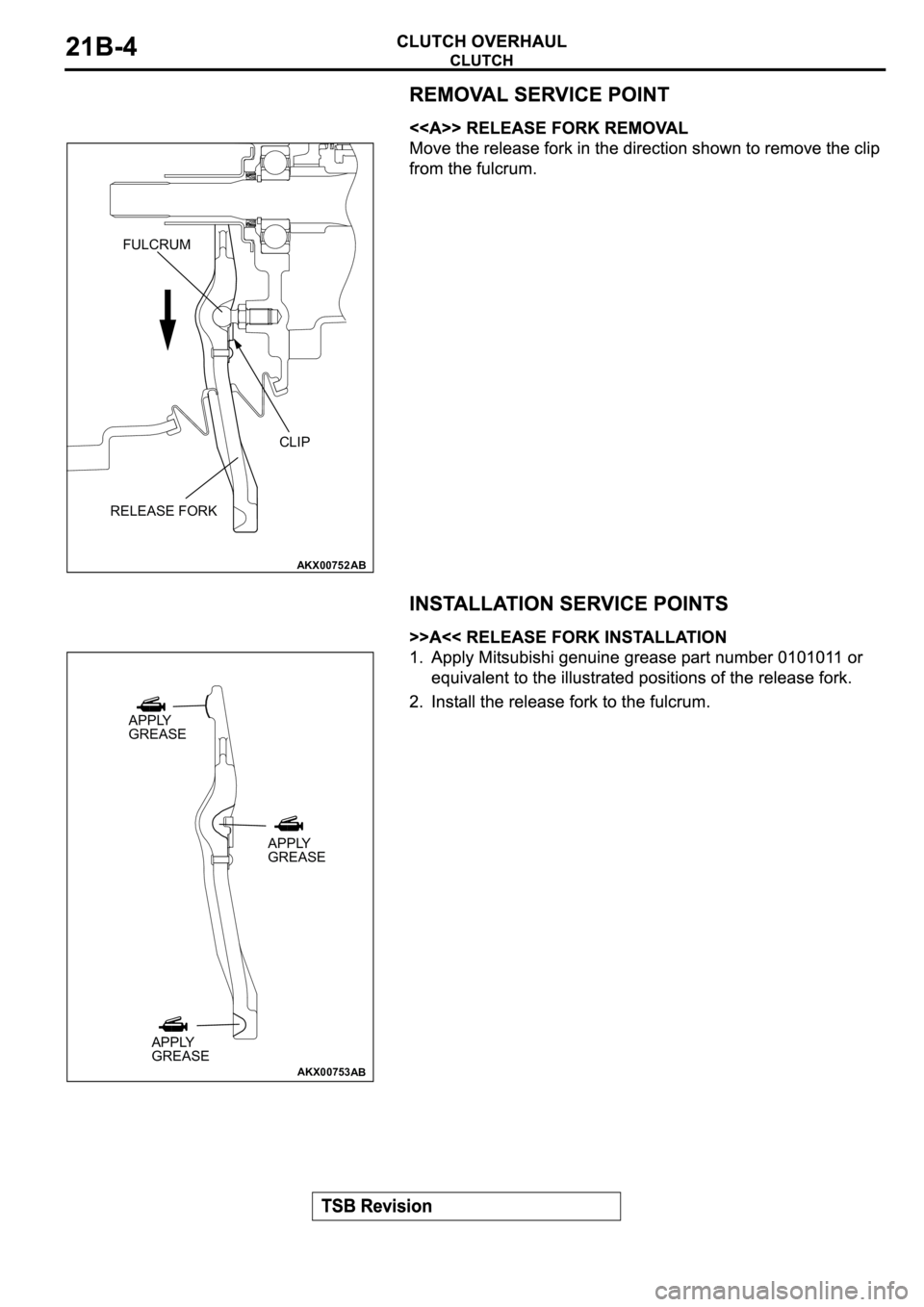 MITSUBISHI SPYDER 2003  Service Repair Manual AKX00752
FULCRUM
CLIP
RELEASE FORK
AB
AKX00753
APPLY
GREASE
APPLY
GREASE
APPLY
GREASE
AB 