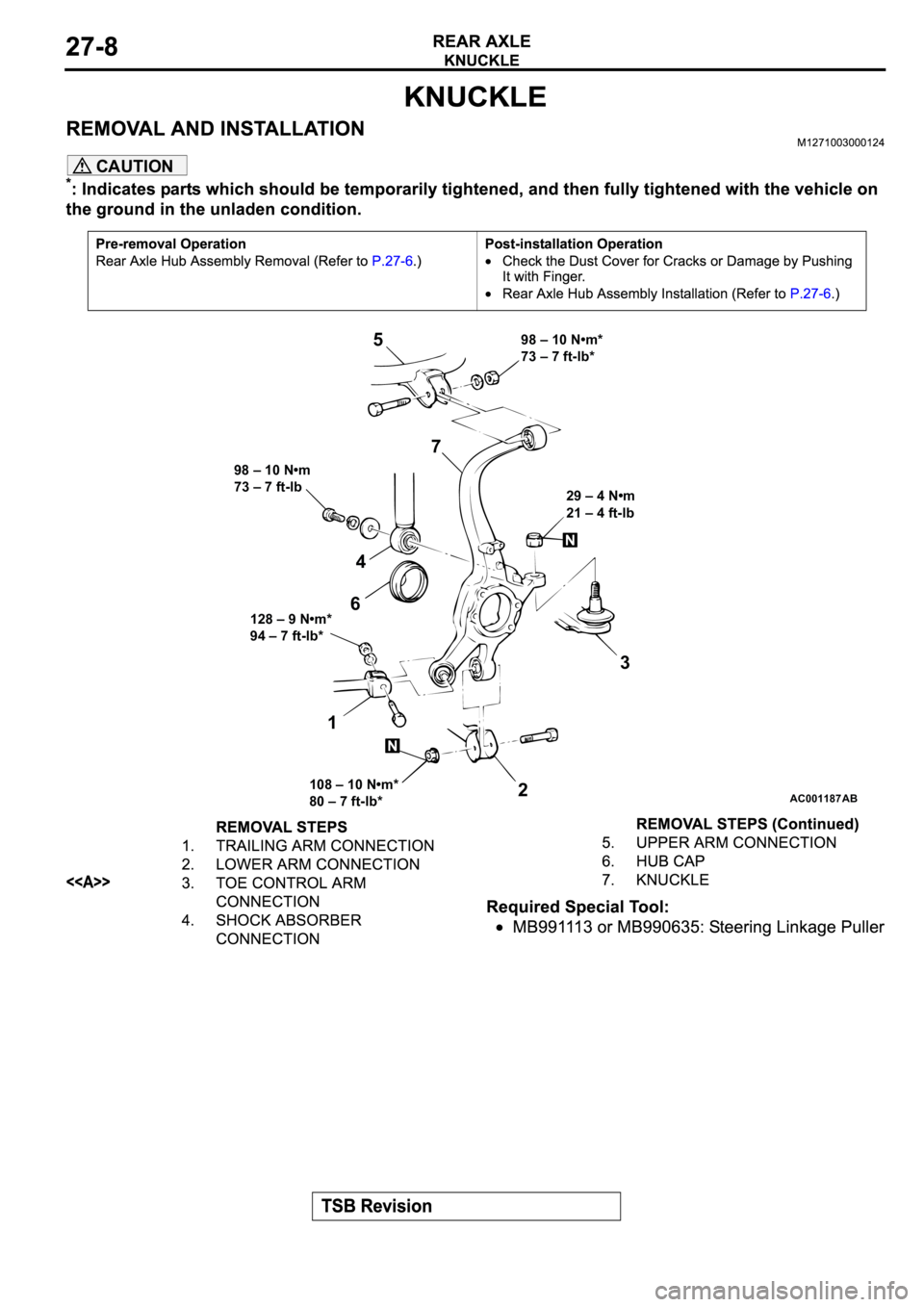 MITSUBISHI SPYDER 2003 Service Repair Manual CAUTION
AC001187
128 – 9 N•m*
94 – 7 ft-lb*29 – 4 N•m
21 – 4 ft-lb
108 – 10 N•m*
80 – 7 ft-lb*98 – 10 N•m*
73 – 7 ft-lb*
17
65
4
3
2
AB
98 – 10 N•m
73 – 7 ft-lb MITSUBISHI SPYDER 2003 Service Repair Manual CAUTION
AC001187
128 – 9 N•m*
94 – 7 ft-lb*29 – 4 N•m
21 – 4 ft-lb
108 – 10 N•m*
80 – 7 ft-lb*98 – 10 N•m*
73 – 7 ft-lb*
17
65
4
3
2
AB
98 – 10 N•m
73 – 7 ft-lb