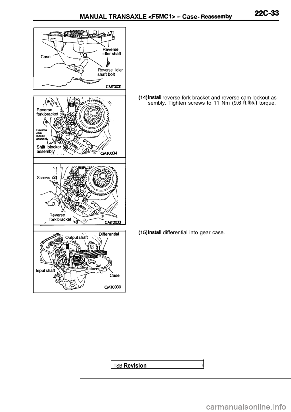 MITSUBISHI SPYDER 1990 Service Repair Manual MANUAL TRANSAXLE Case-
Reverse idler
Screws (2)A
TSBRevision
reverse fork bracket and reverse cam lockout as-
sembly. Tighten screws to 11 Nm (9.6
torque.
differential into gear cas MITSUBISHI SPYDER 1990 Service Repair Manual MANUAL TRANSAXLE Case-
Reverse idler
Screws (2)A
TSBRevision
reverse fork bracket and reverse cam lockout as-
sembly. Tighten screws to 11 Nm (9.6
torque.
differential into gear cas