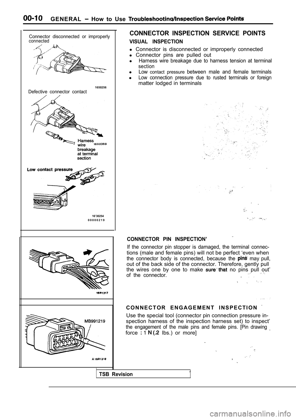 MITSUBISHI SPYDER 1990  Service User Guide G E N E R A L  How  to  Use 
Connector  disconnected  or  improperlyconnected
1650256Defective  connector  contact
16’30254
0 0 0 0 0 2 1 9
CONNECTOR  INSPECTION  SERVICE  POINTS
VISUAL  INSPECTION
