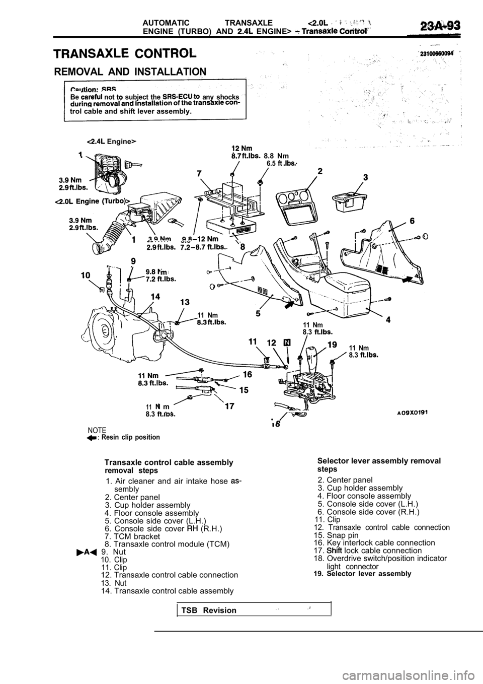 MITSUBISHI SPYDER 1990 Service Repair Manual AUTOMATIC TRANSAXLE
ENGINE (TURBO) AND ENGINE>
REMOVAL AND INSTALLATION
Be not subject the any shocks
trol cable and shift lever assembly.
Engine>
8.8 Nm6.5
11 Nm
11 Nm8.3
118.3l MITSUBISHI SPYDER 1990 Service Repair Manual AUTOMATIC TRANSAXLE
ENGINE (TURBO) AND ENGINE>
REMOVAL AND INSTALLATION
Be not subject the any shocks
trol cable and shift lever assembly.
Engine>
8.8 Nm6.5
11 Nm
11 Nm8.3
118.3l