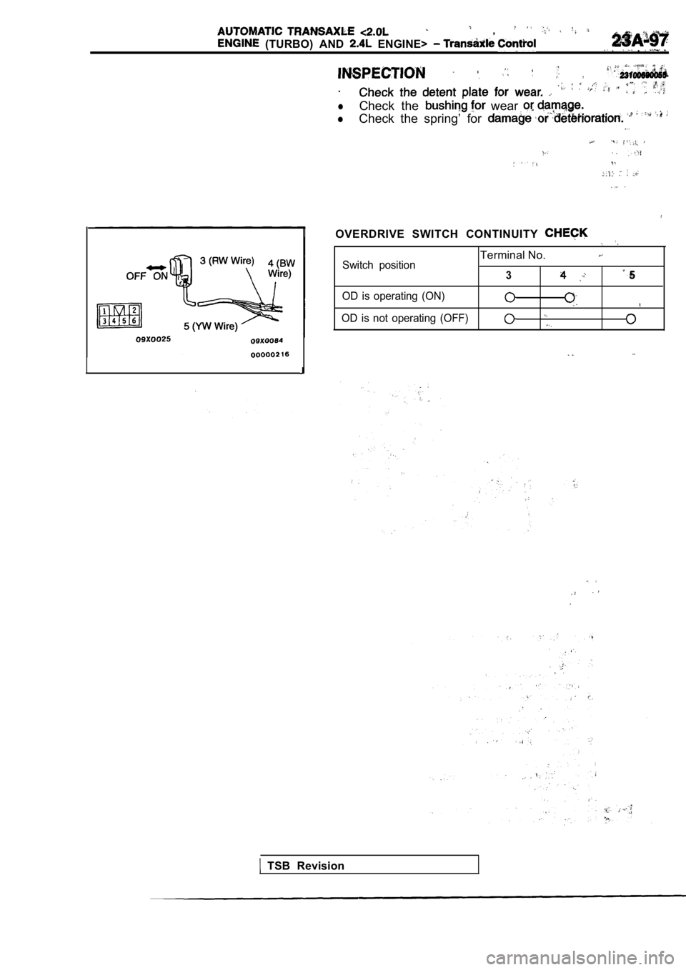 MITSUBISHI SPYDER 1990 Service Repair Manual ,
(TURBO) AND ENGINE> . .
.
lCheck the wear
lCheck the spring’ for
OVERDRIVE SWITCH CONTINUITY
Terminal No.Switch position3
OD is operating (ON)
OD is not operating (OFF)
MITSUBISHI SPYDER 1990 Service Repair Manual ,
(TURBO) AND ENGINE> . .
.
lCheck the wear
lCheck the spring’ for
OVERDRIVE SWITCH CONTINUITY
Terminal No.Switch position3
OD is operating (ON)
OD is not operating (OFF)
