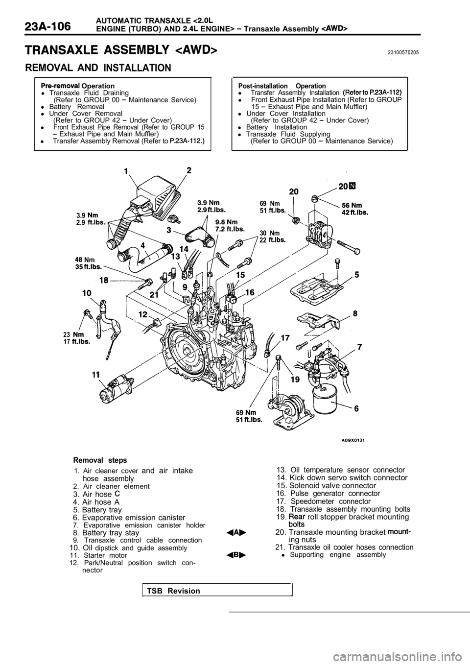 MITSUBISHI SPYDER 1990  Service Repair Manual AUTOMATIC  TRANSAXLE 
ENGINE (TURBO) AND  ENGINE>  Transaxle Assembly 
REMOVAL  ANDINSTALLATION
23100570205
 Operation
l  Transaxle  Fluid  Draining
(Refer  to  GROUP  00 
  Maintenance  Service)
l  B