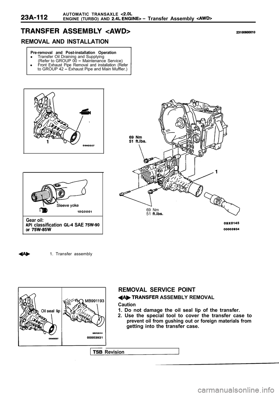 MITSUBISHI SPYDER 1990  Service Repair Manual AUTOMATIC  TRANSAXLE ENGINE  (TURBO)  AND   Transfer  Assembly 
REMOVAL  AND  INSTALLATION
Pre-removal  and  Post-installation  OperationlTransfer  Oil  Draining  and  Supplying
(Refer  to  GROUP  00 